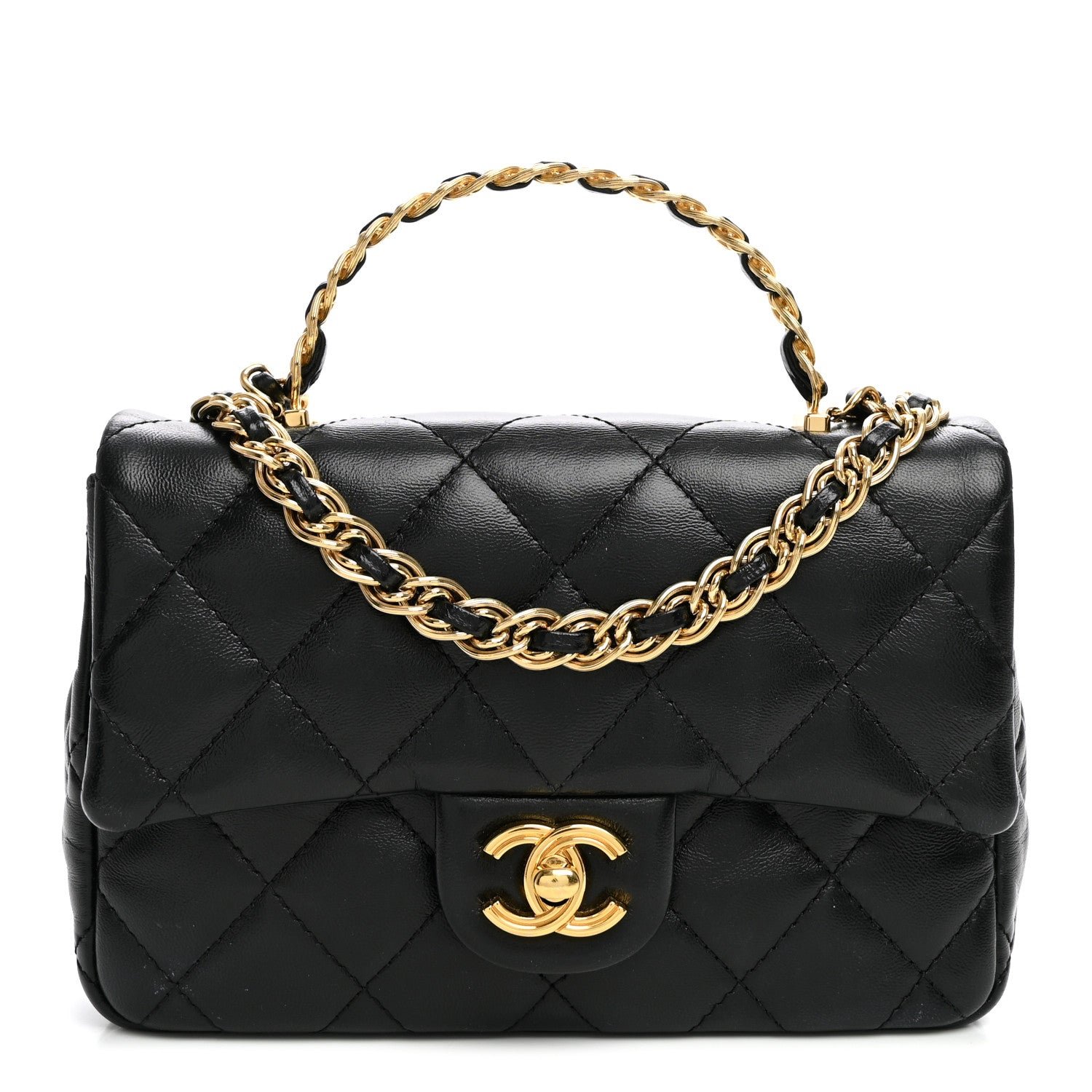 Chanel Shiny Lambskin Quilted Golden Links Top Handle Flap Black