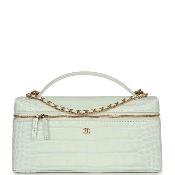 Chanel Large East West Top Handle Long Vanity Case with Chain Light Blue Croc Embossed Calfskin Gold Hardware