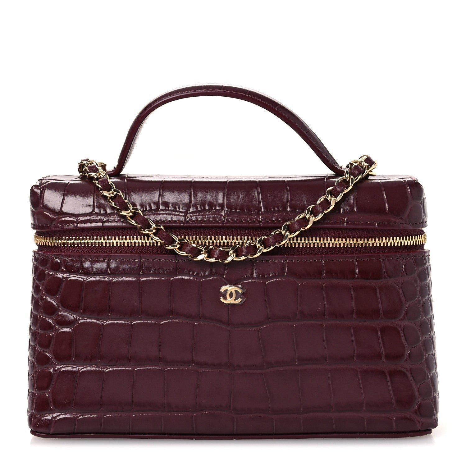 Chanel Calfskin Crocodile Embossed Top Handle Vanity Case With Chain  Burgundy