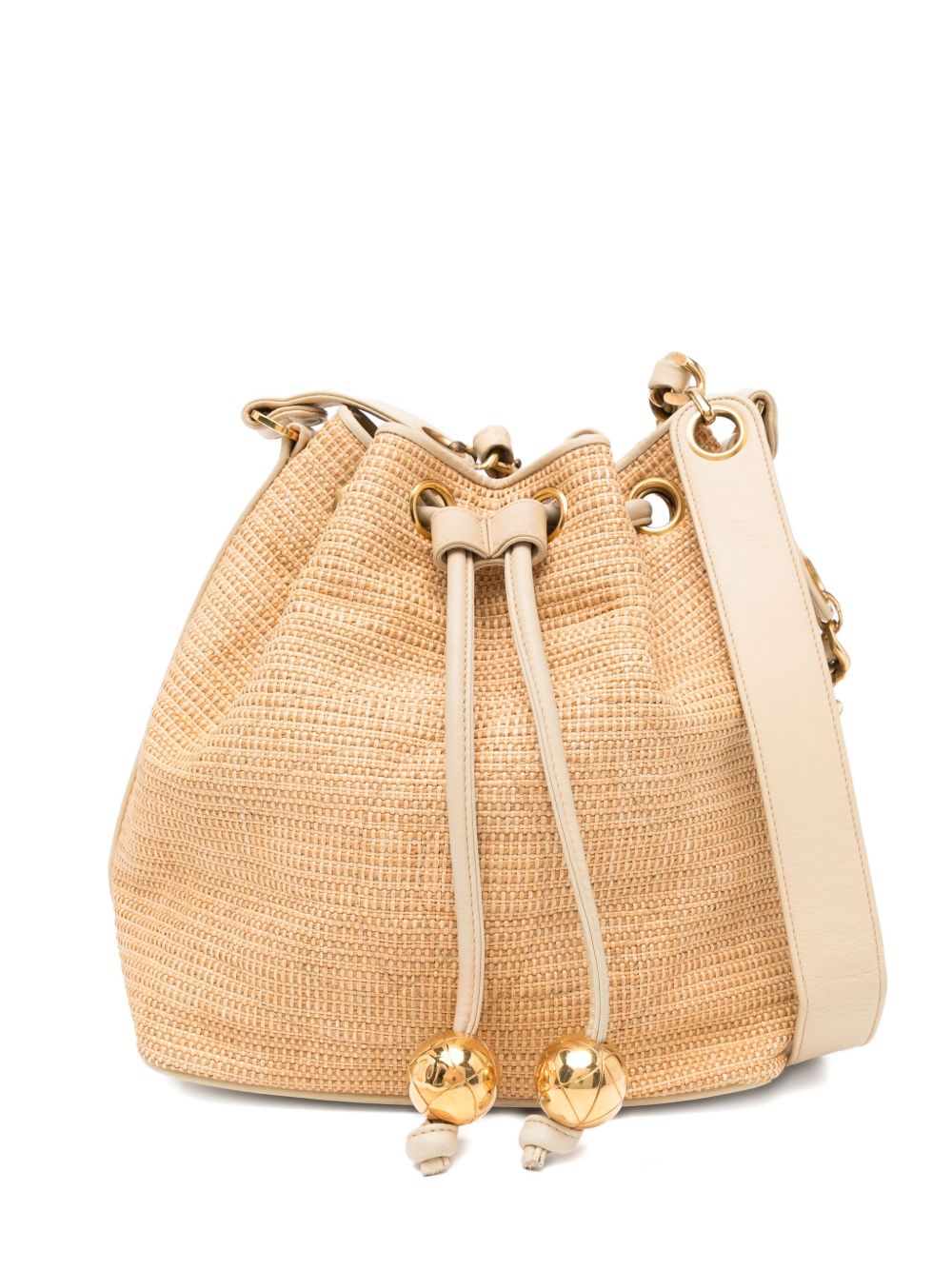 1992 Raffia Straw Jute Gold CC Balls Drawstring Bucket Bag