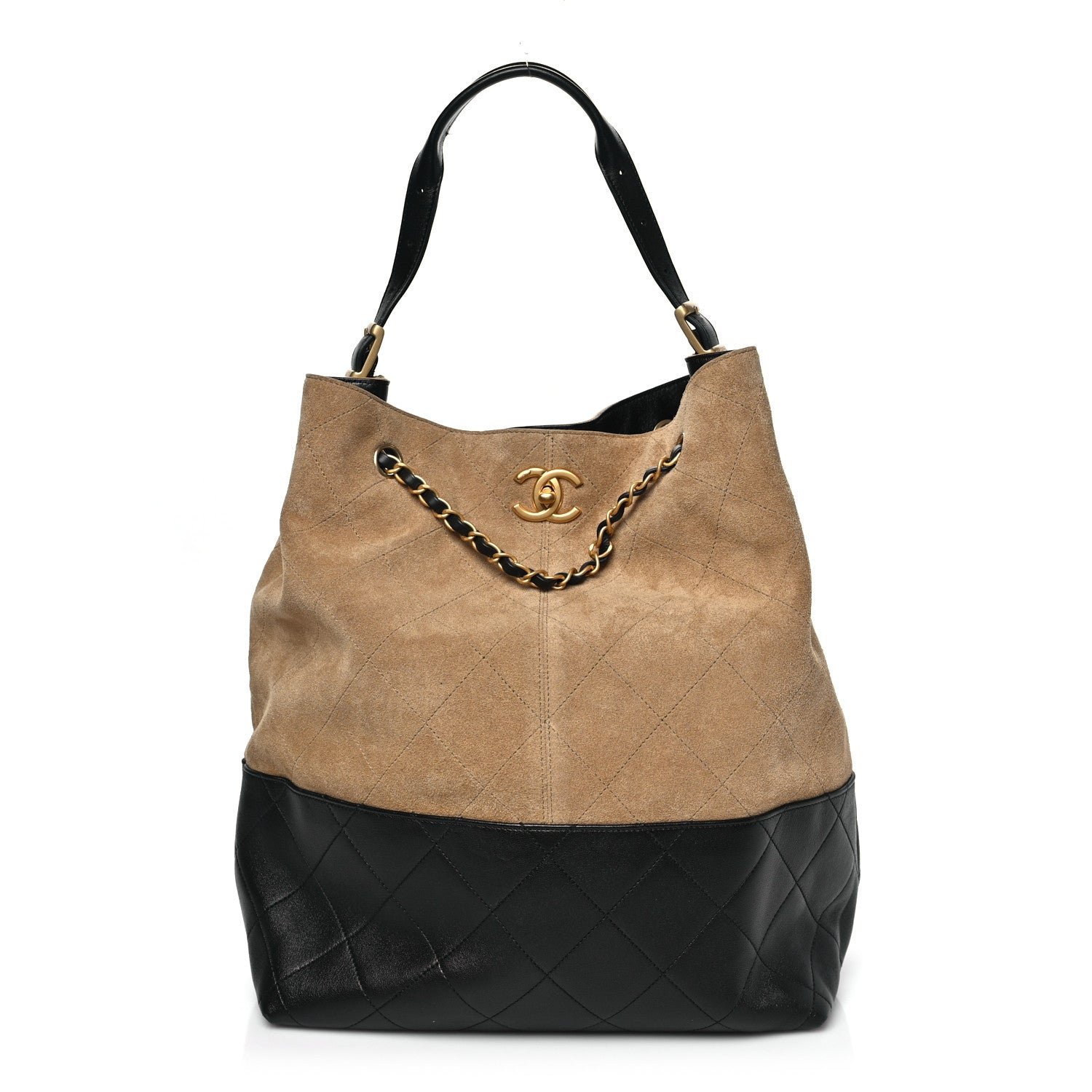 Chanel Suede Calfskin Shiny Lambskin Quilted Coco Base Shopping Bag Beige Black
