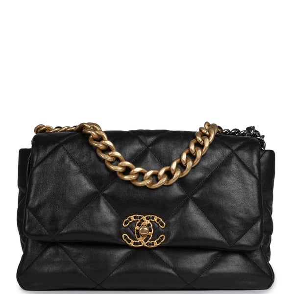Chanel Large 19 Flap Bag Black Shiny Lambskin Mixed Metal Hardware