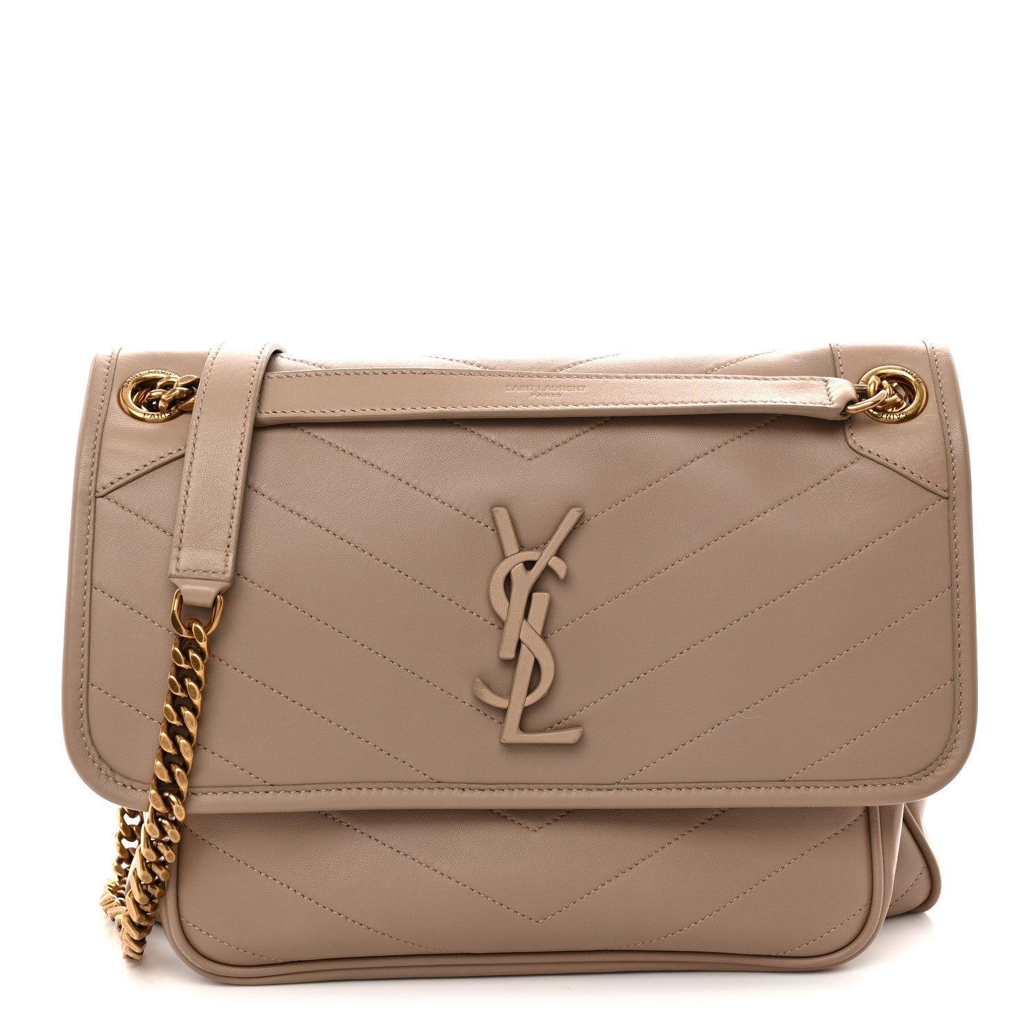 Saint Laurent Lambskin Matelasse Monogram Medium Niki Chain Satchel Dark Beige
