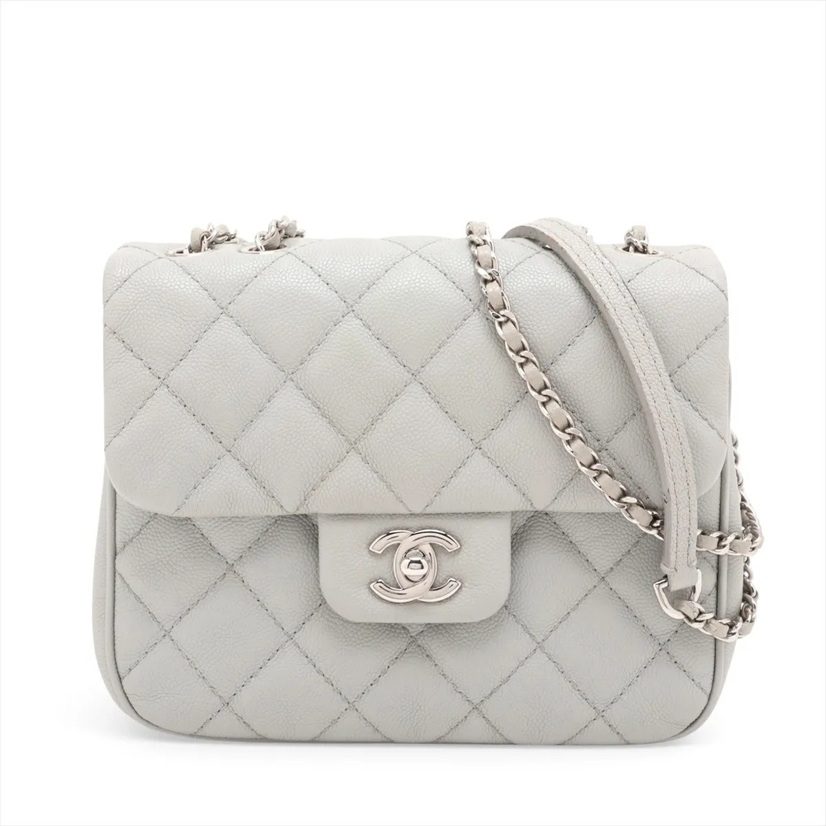 Chanel Matelasse Caviar Skin Single Flap Double Chain Bag Gray Silver Metal Fitt