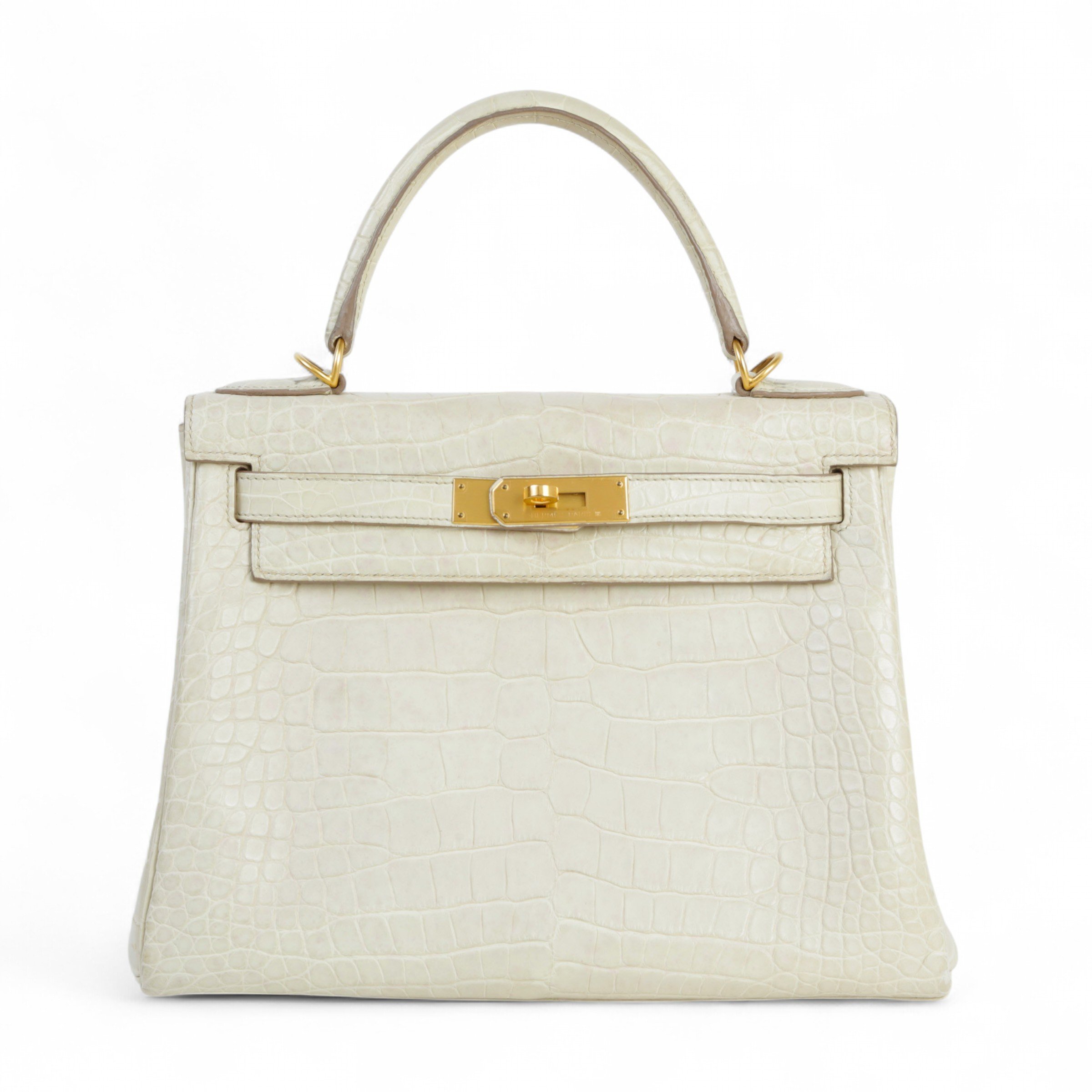 Hermes Fair ( Rank B ) HERMÈS Kelly 28 Beton (8L) Bleu Paon (7F) Matte Alligator Brushed Gold hardware C (2018)