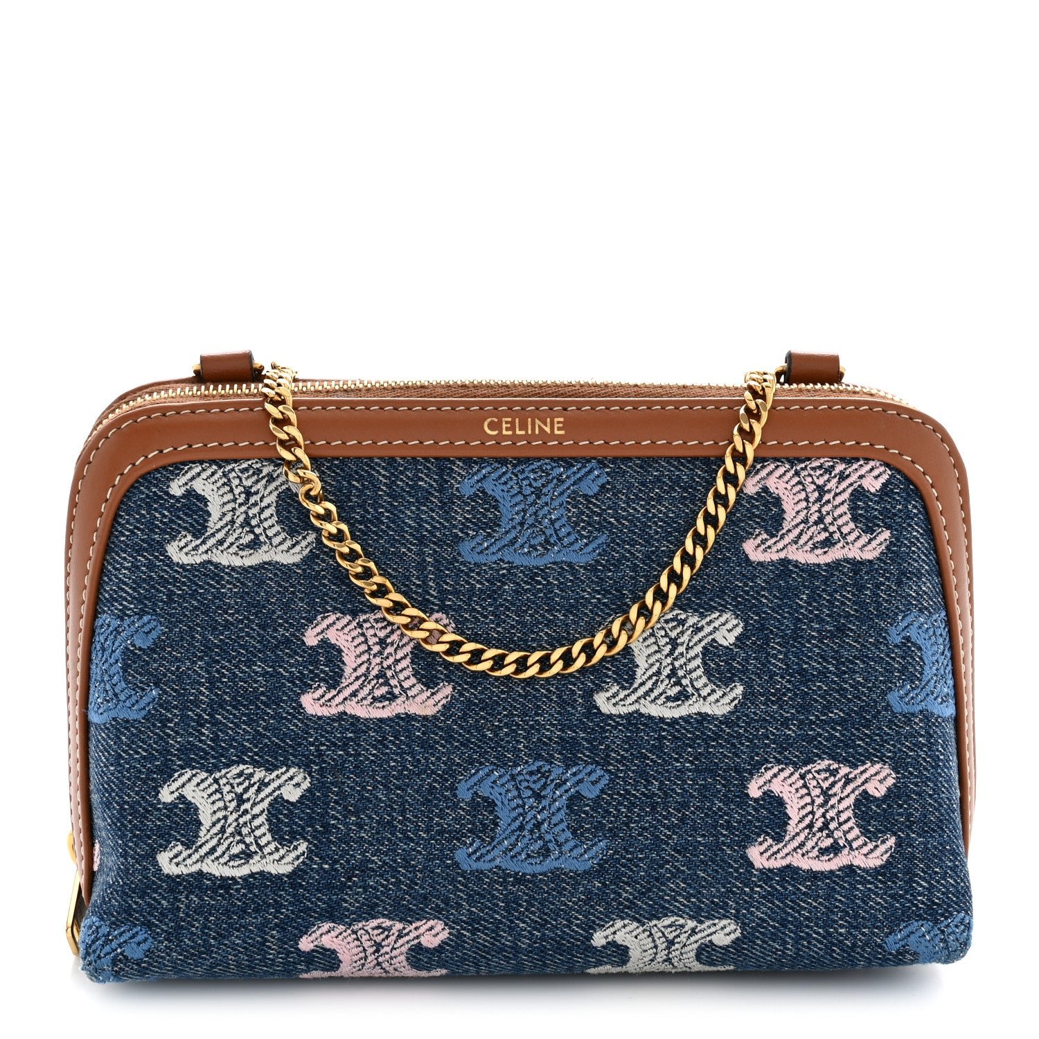 Celine Denim Calfskin Triomphe Embroidered Clutch On Chain Blue Multicolor