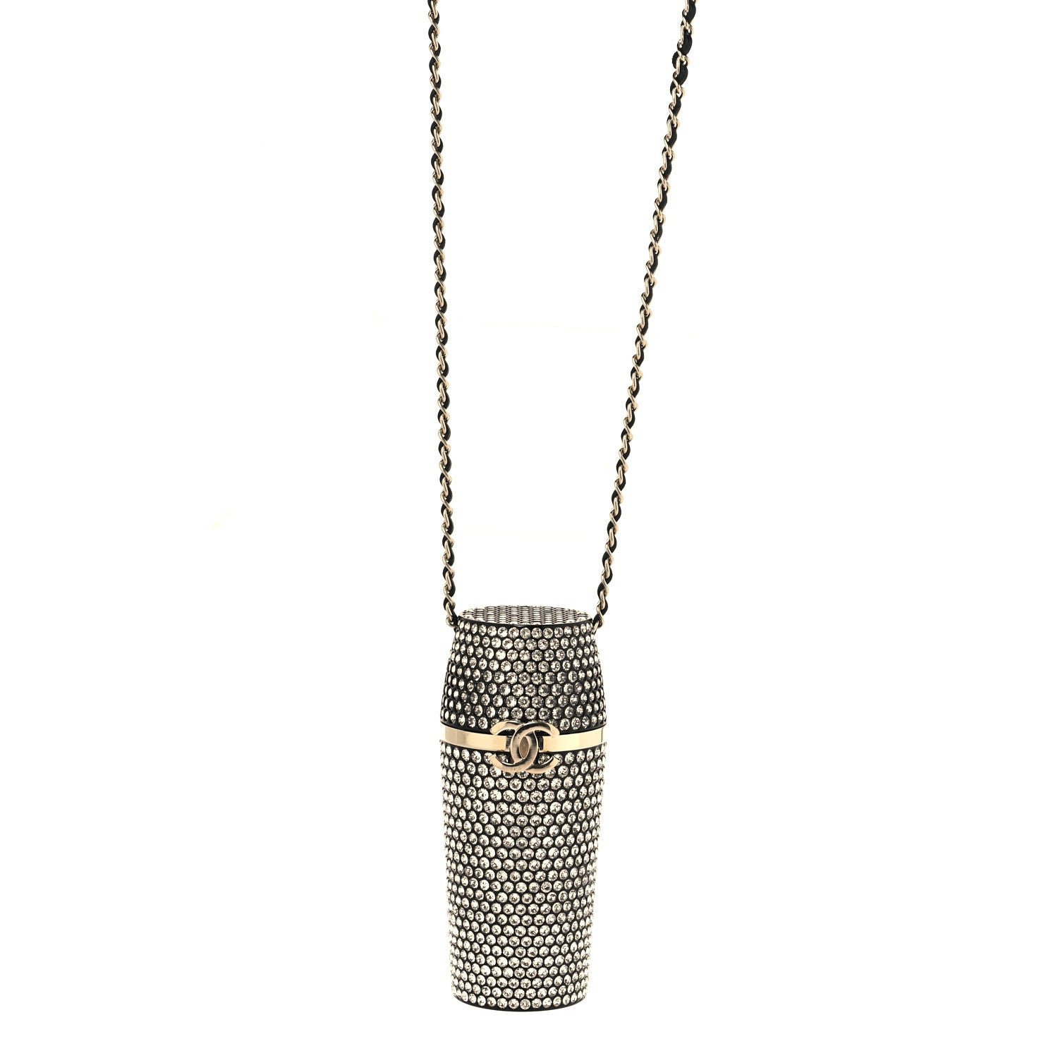 Chanel Metal Resin Lambskin Crystal Lipstick Case Long Necklace On Chain Silver Black Gold