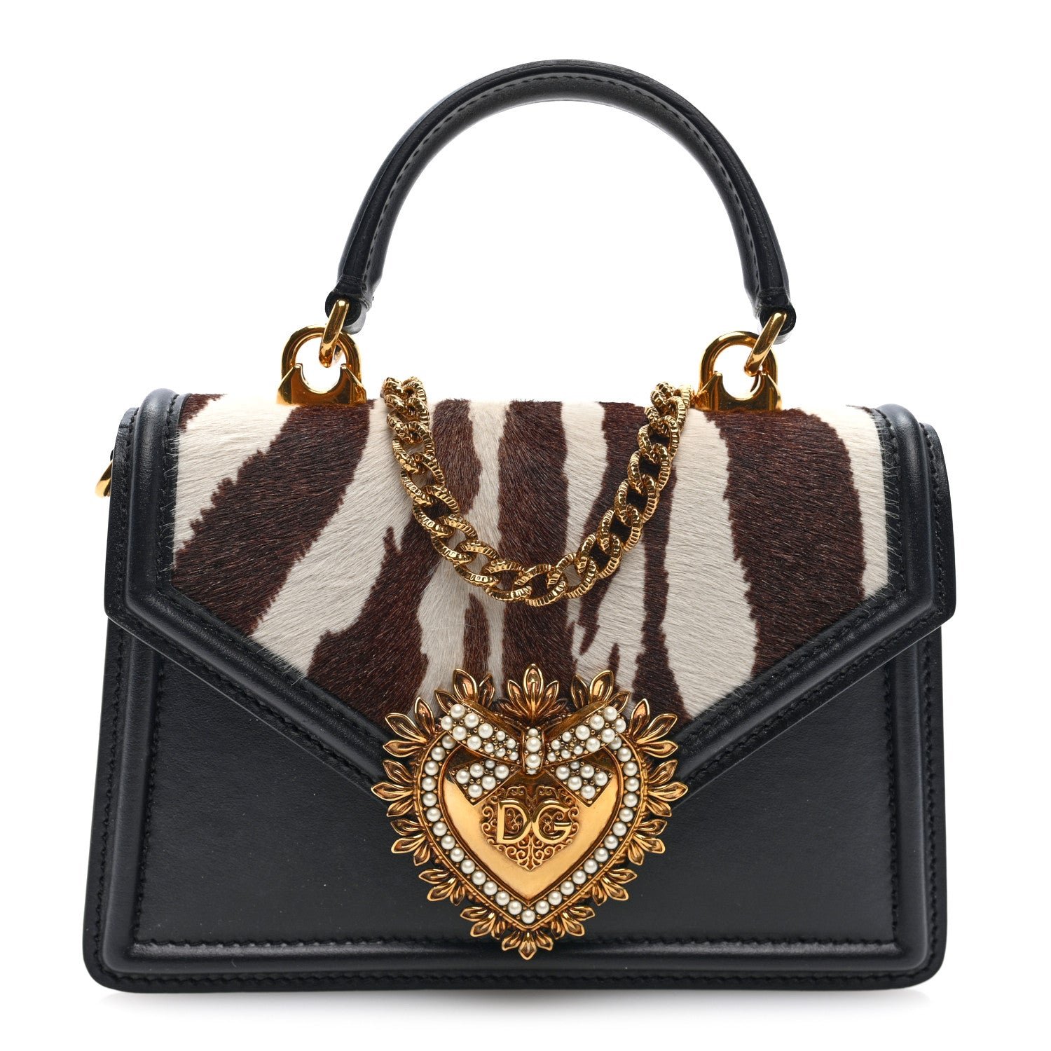 Dolce & Gabbana Smooth Calfskin Pony Hair Zebra Print Small Devotion Top Handle Bag Black