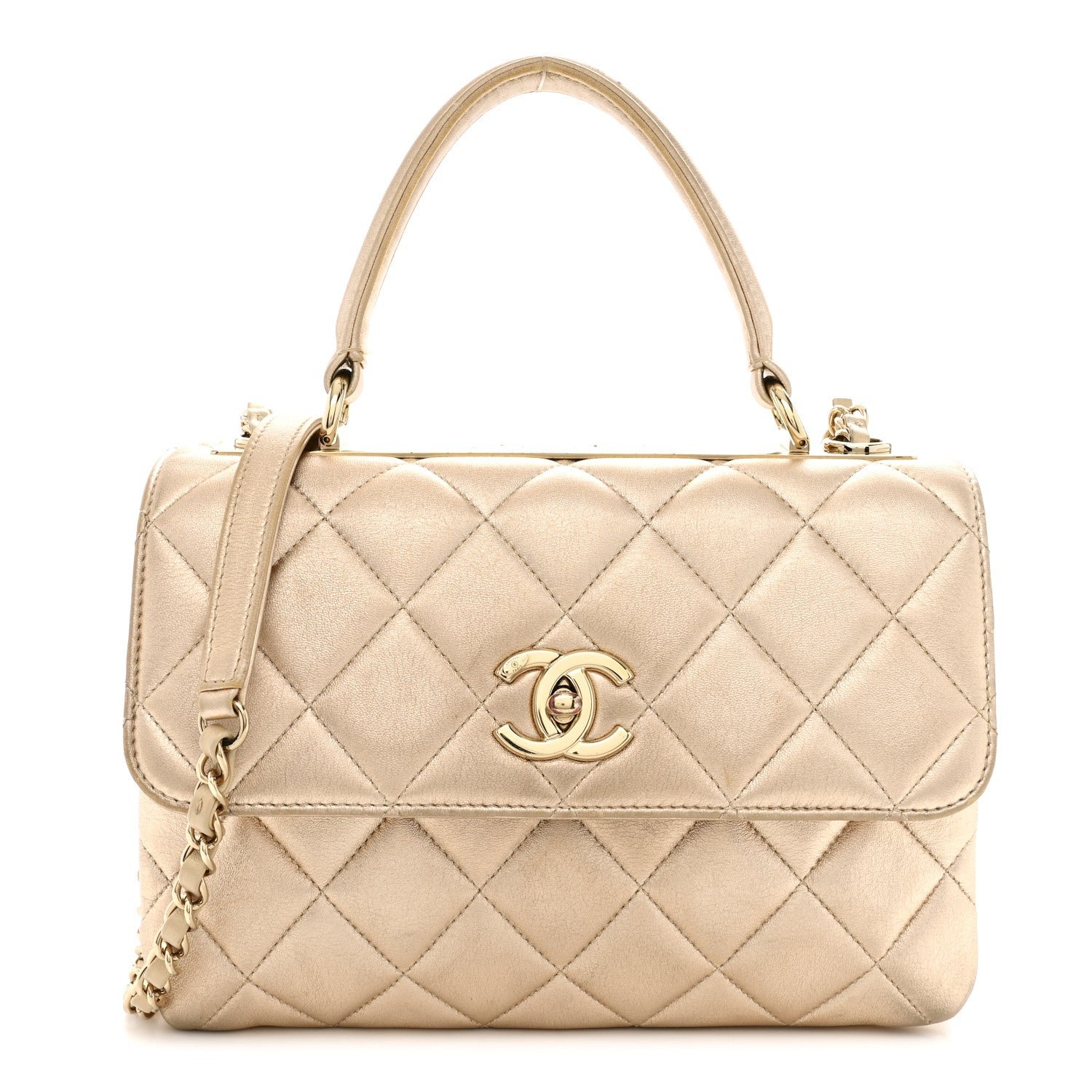 Chanel Metallic Lambskin Quilted Small Trendy CC Flap Dual Handle Bag Gold