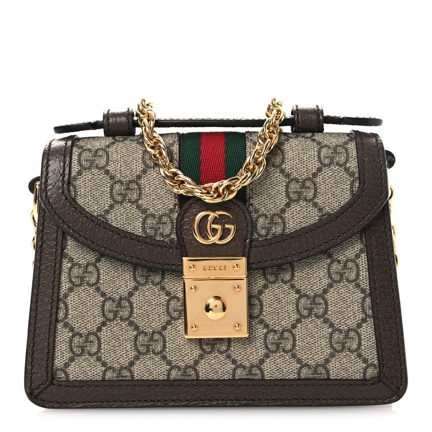 Gucci GG Supreme Monogram Textured Dollar Calfskin Web Mini Ophidia Padlock Top Handle Chain Shoulder Bag Beige Ebony New Acero