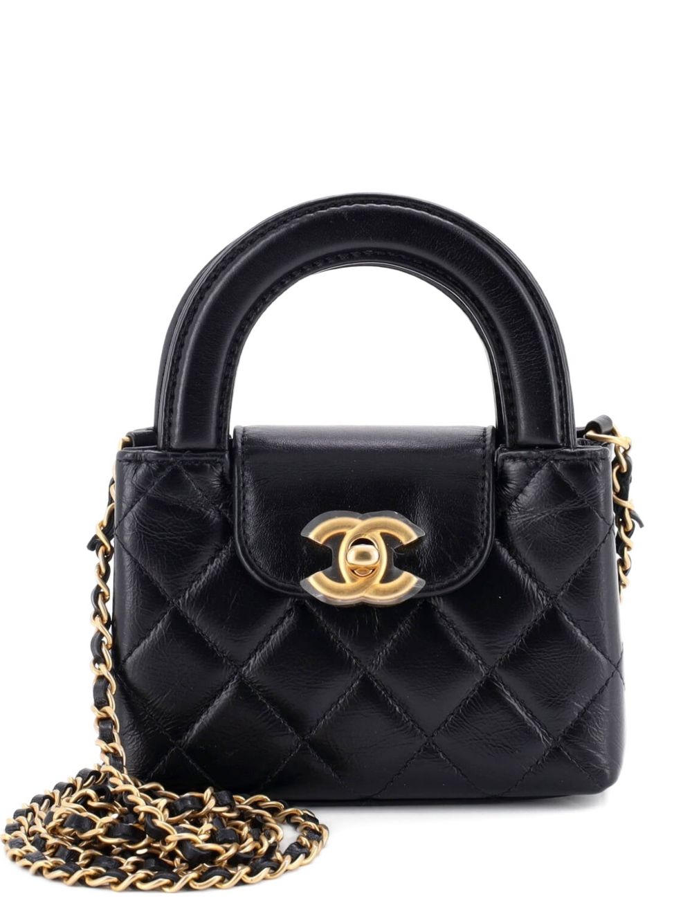 Kelly Top Handle Shopping Bag Quilted Shiny Aged Calfskin Nano crossbody bag