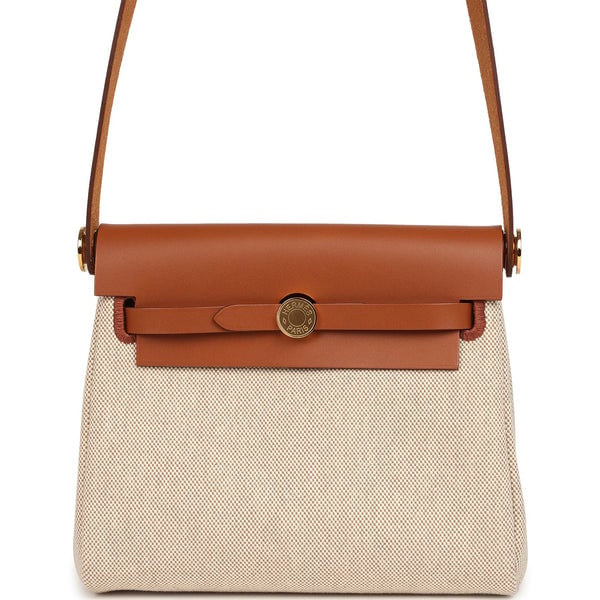 Hermes Hermes Herbag Zip 20 Mini Ecru and Beige Toile H Canvas and Fauve Vache Hunter Gold Hardware