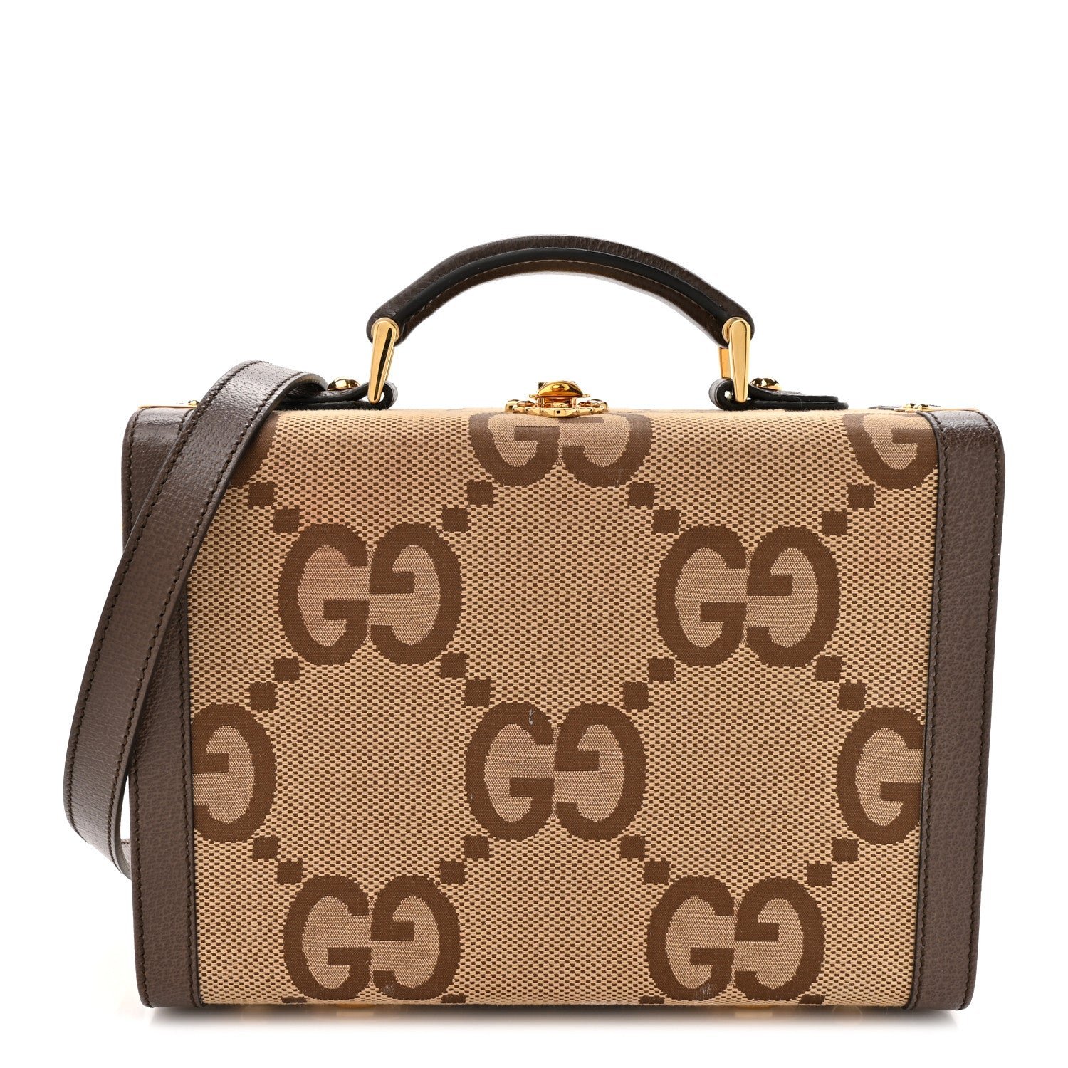 Gucci Monogram Jumbo GG Textured Dollar Calfskin Top Handle Beauty Case Camel Ebony New Acero