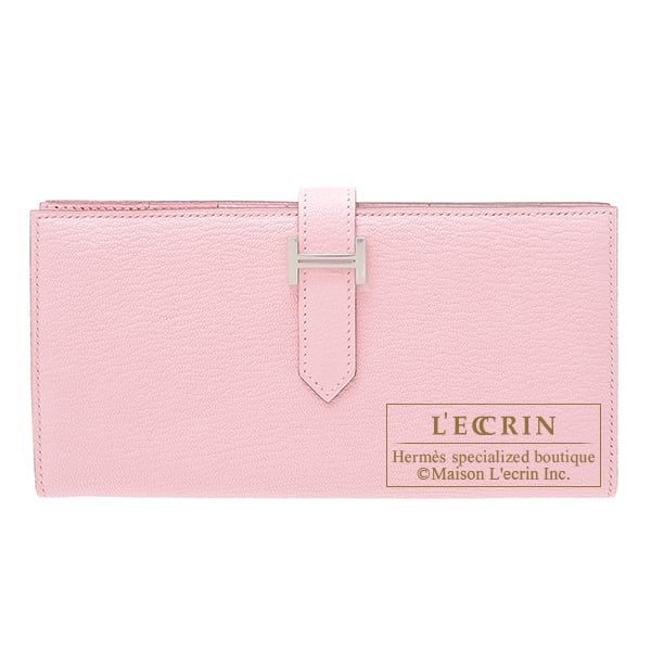Hermes Bearn Soufflet Rose sakura Chevre myzore goatskin Silver hardware