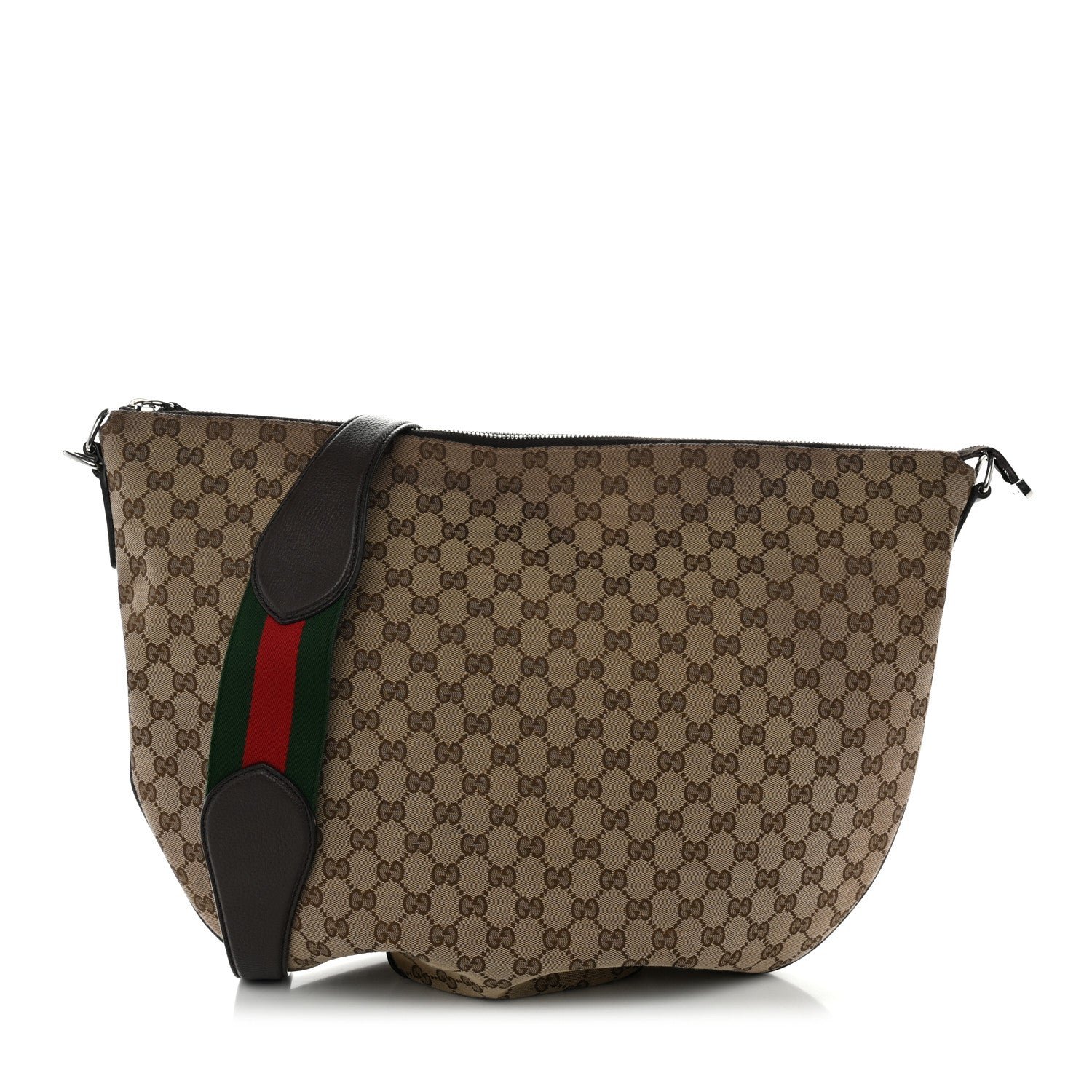 Gucci Monogram Calfskin Web Large Shoulder Bag Beige Brown