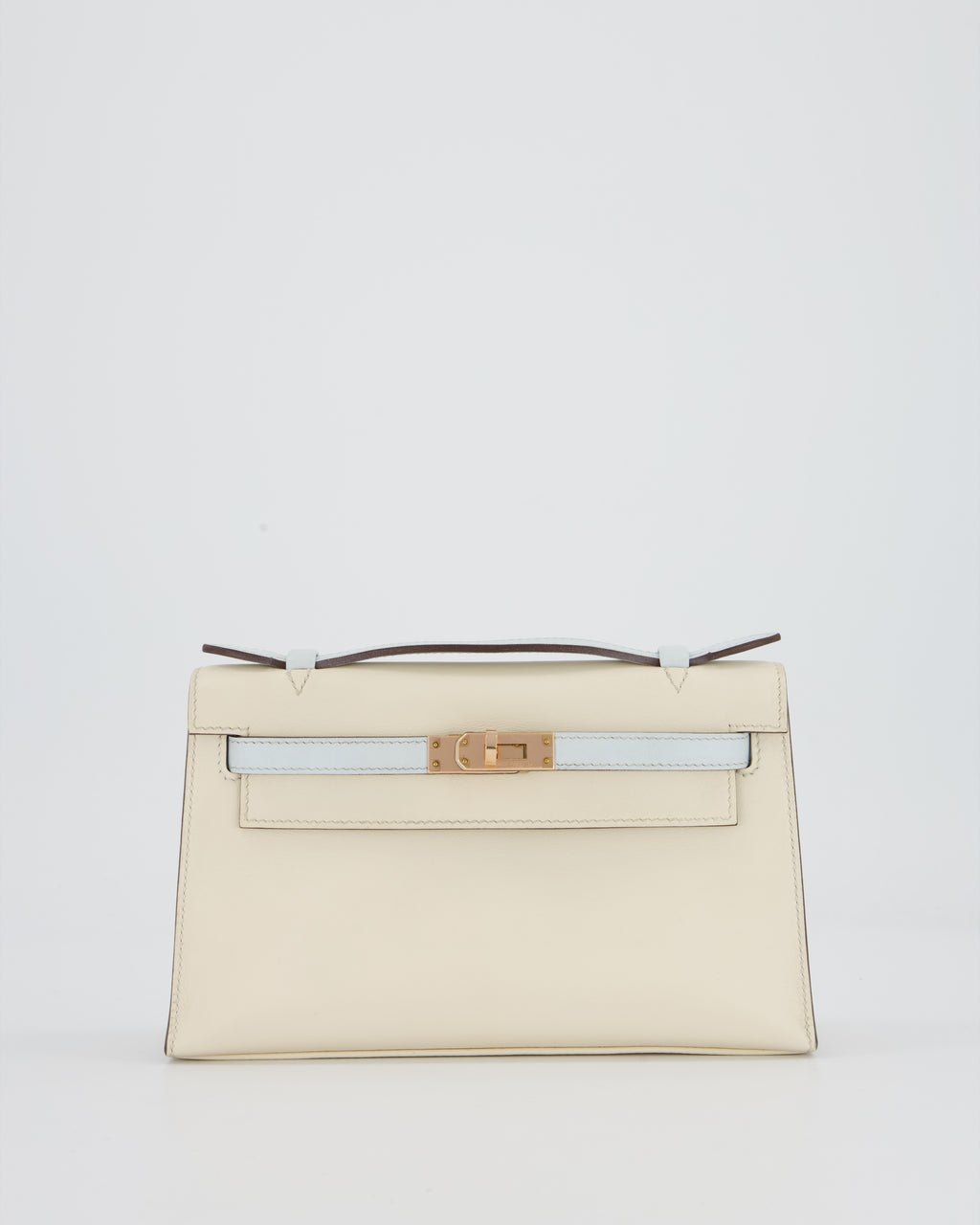 Hermès HSS Kelly Pochette Bag in Nata and Blue Brume Swift Leather with Rose Gold Hardware