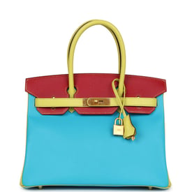 Hermes Hermes Special Order (HSS) Tri-color Birkin 30 Bleu Aztec, Soufre and Rouge Vif Chevre Brushed Gold Hardware