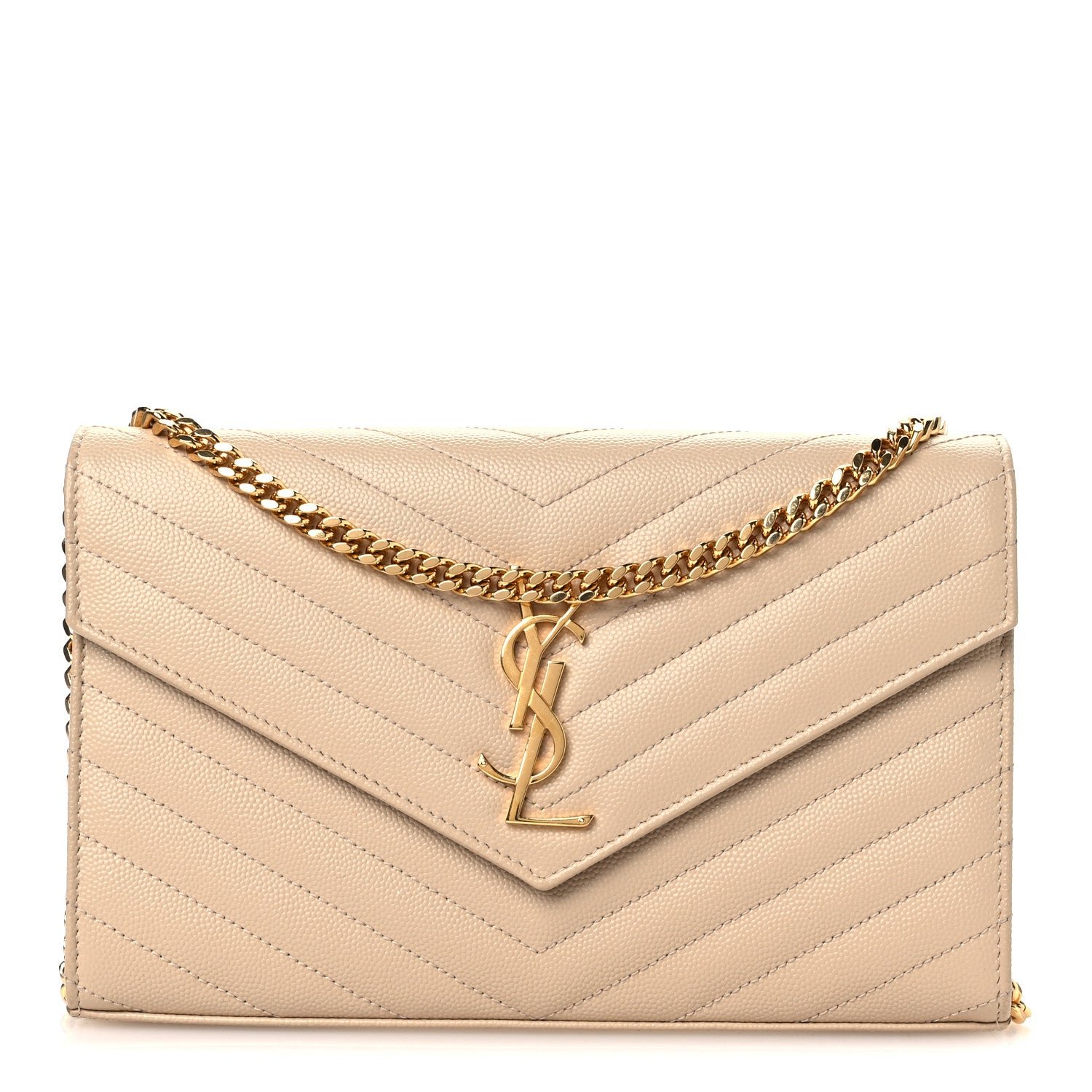 Saint Laurent Grain De Poudre Matelasse Chevron Monogram Chain Wallet Nude Powder