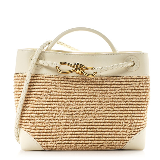 Bottega Veneta Raffia Calfskin Small Andiamo Shoulder Bag Sea Salt Natural