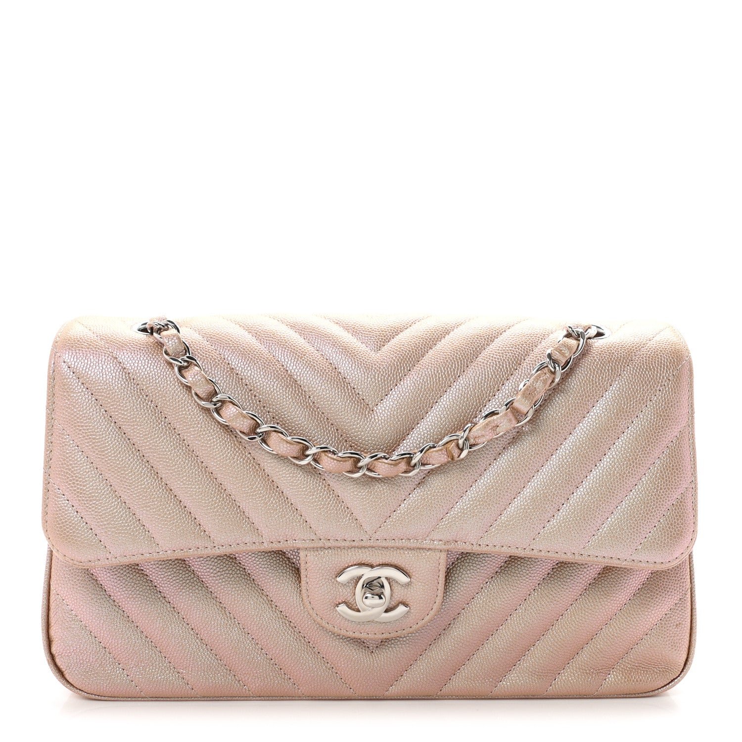Chanel Iridescent Caviar Chevron Quilted Medium Double Flap Light Gold