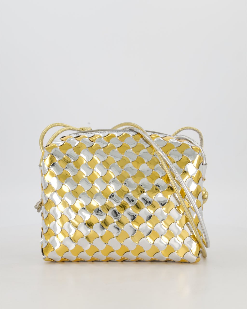 Bottega Veneta Silver & Gold Metallic Medium Loop Intrecciato Camera Bag in Patent Leather with Gold Hardware