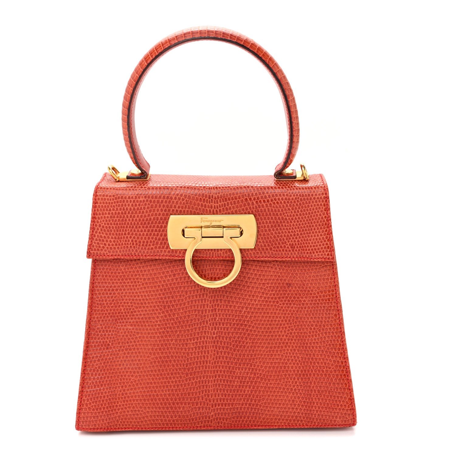 Salvatore Ferragamo Lizard Iconic Small Top Handle Bag Orange