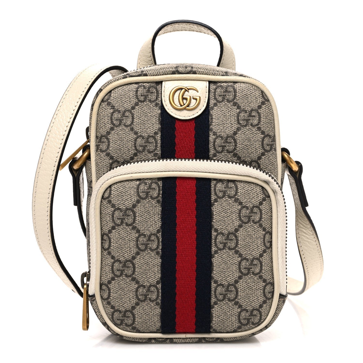 Gucci GG Supreme Monogram Web Mini Ophidia Double Zip Messenger Bag Beige Ebony Mystic White