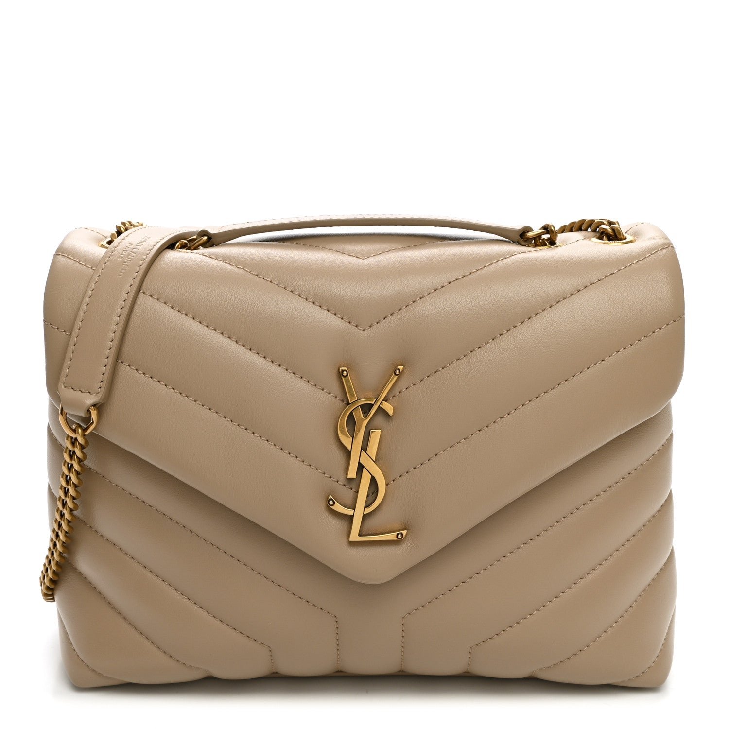 Saint Laurent Calfskin Y Quilted Monogram Small Loulou Chain Satchel Dark Beige