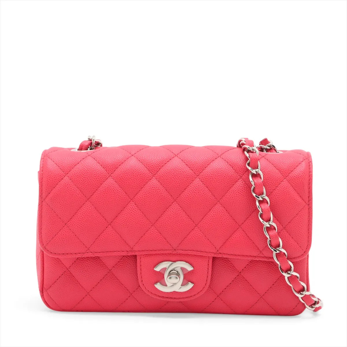 Chanel Mini Matelasse 20 Caviar Skin Single Flap Single Chain Bag Red Silver Met