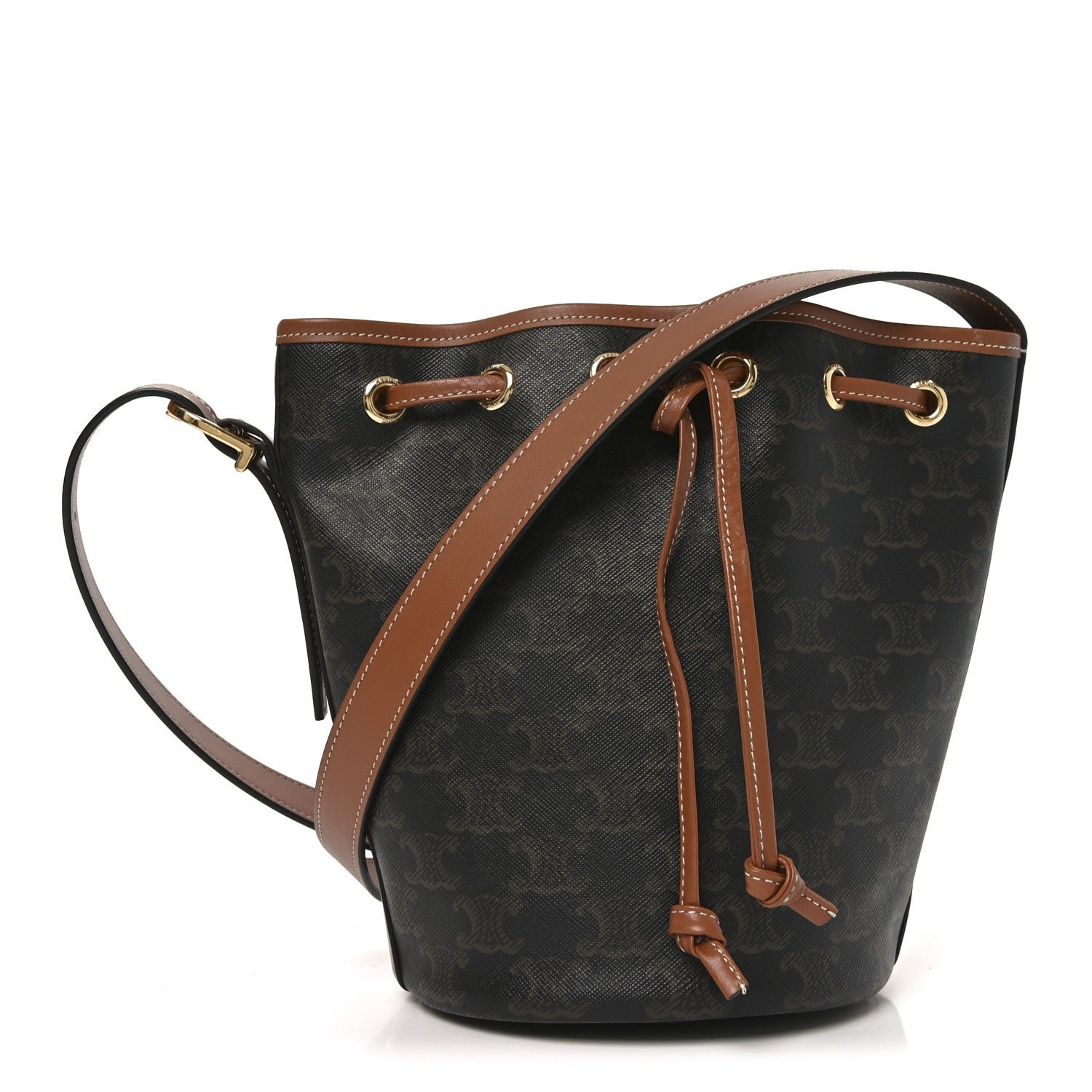 Celine Triomphe Canvas Calfskin Small Drawstring Bucket Bag Tan