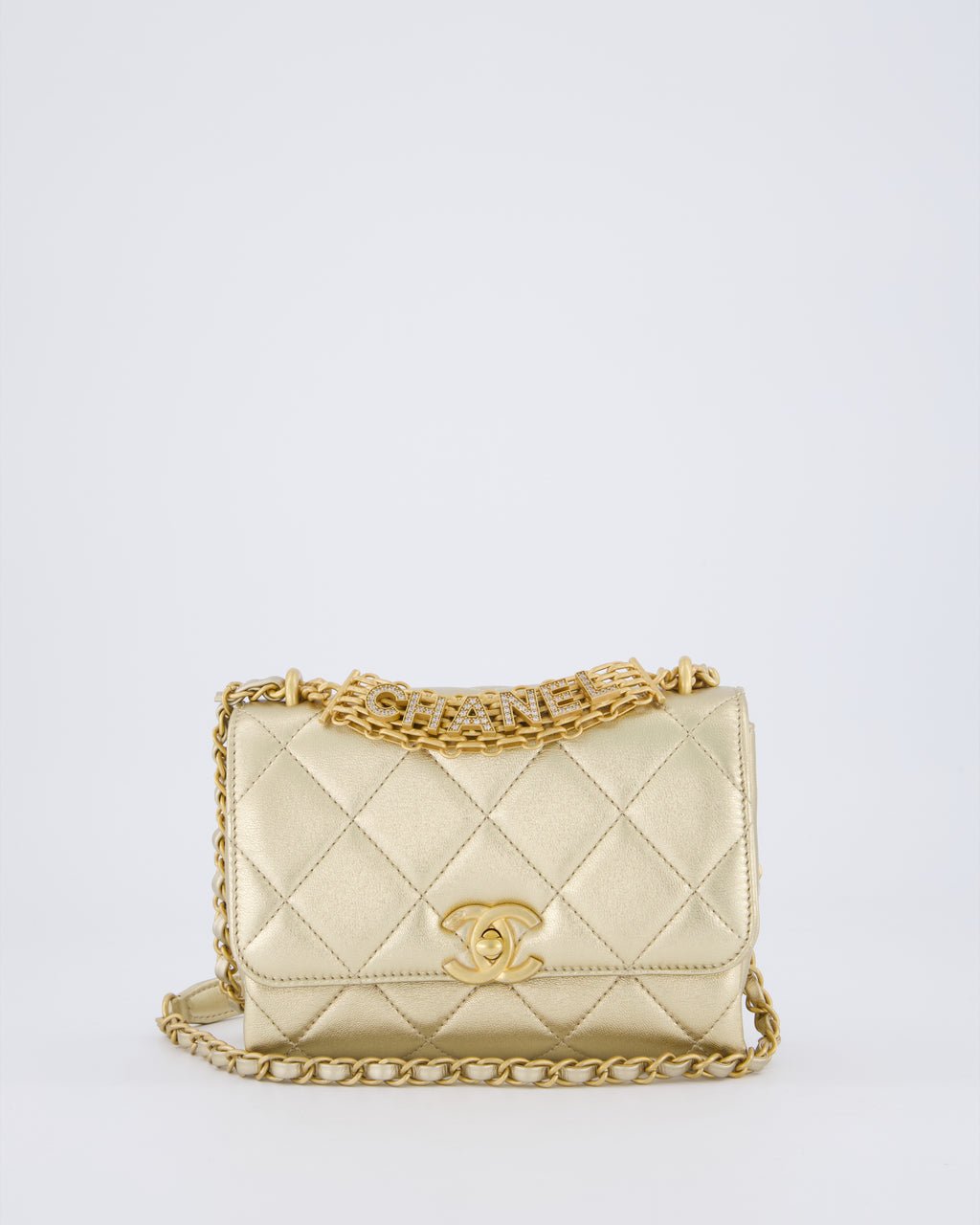 Chanel Metallic Gold Quilted Mini Flap Bag with Brushed Gold Hardware