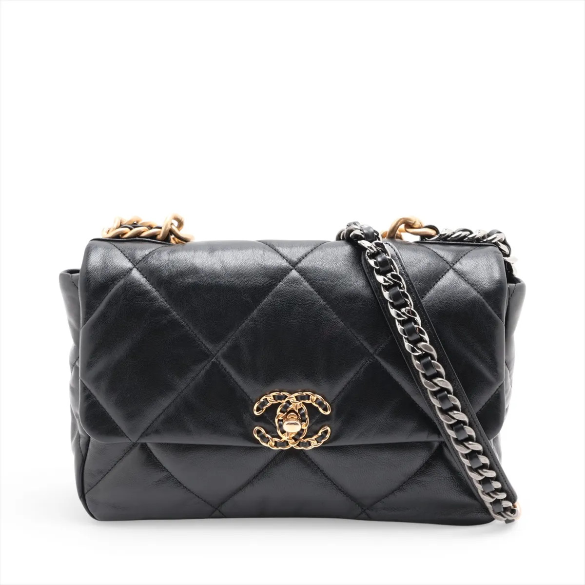 Chanel CHANEL 19 Large Lambskin Chain Shoulder Bag Black Gold x Silver Metal Fit