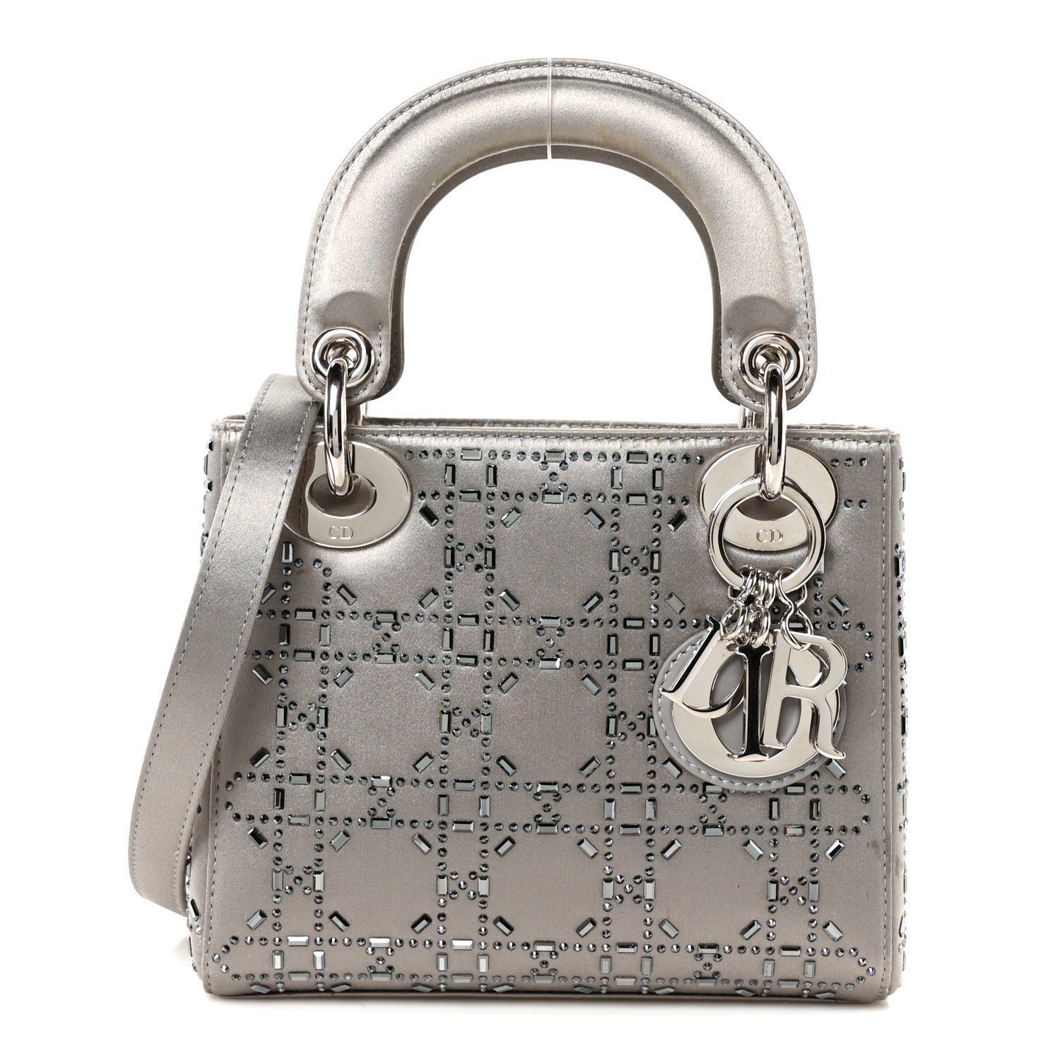 Christian Dior Satin Crystal Cannage Mini Lady Dior Gray