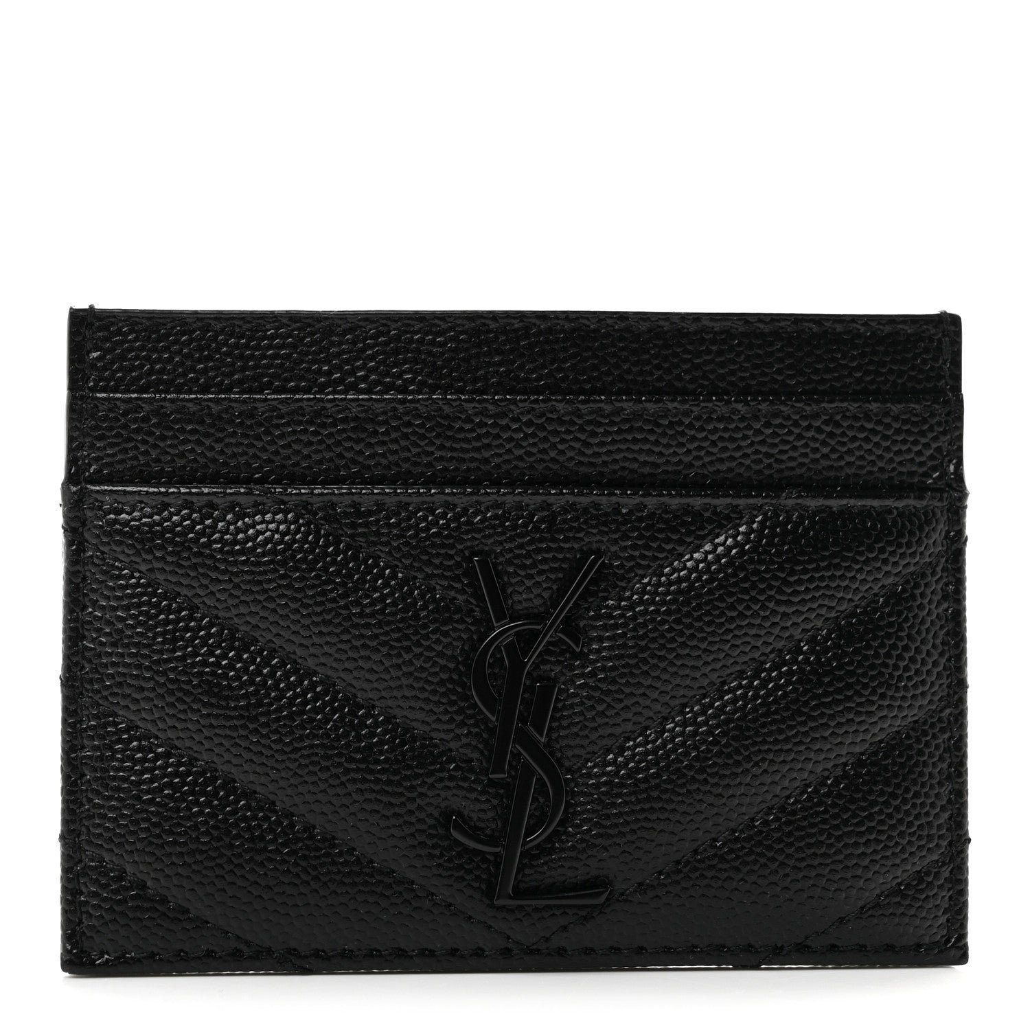 Saint Laurent Grain De Poudre Matelasse Chevron Monochrome Monogram Credit Card Case Black