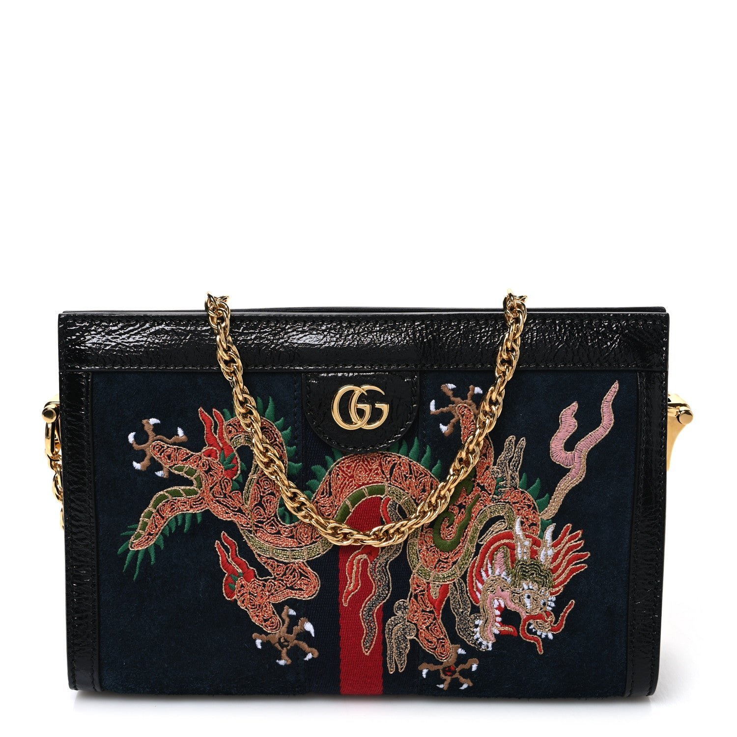 Gucci Suede Patent Web Dragon Embroidered Small Ophidia Chain Shoulder Bag Blue Black