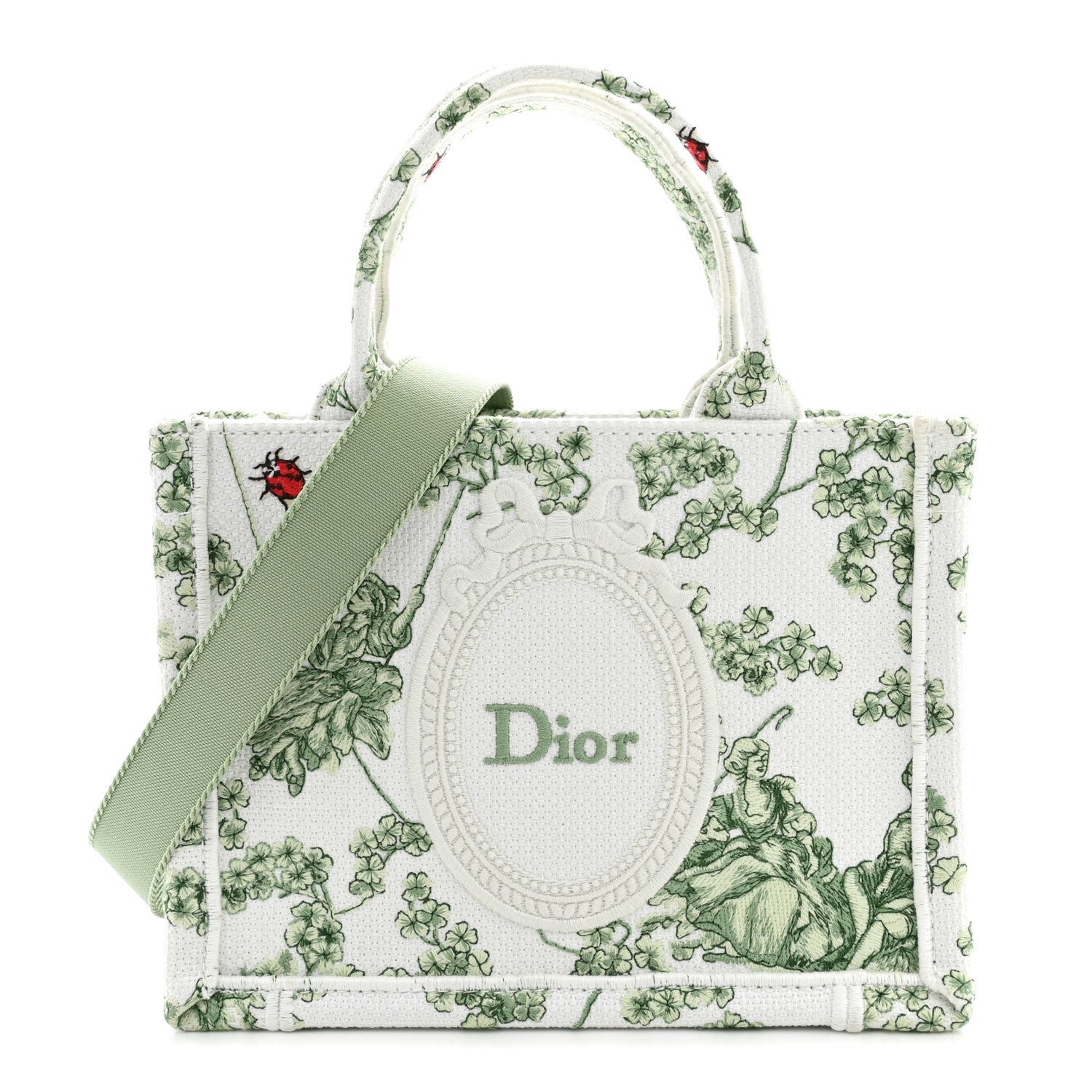Dior Christian Dior Cotton Toile De Jouy Clover Embroidered Dior Medaillon Mini Book Tote With Strap Verde Multicolor