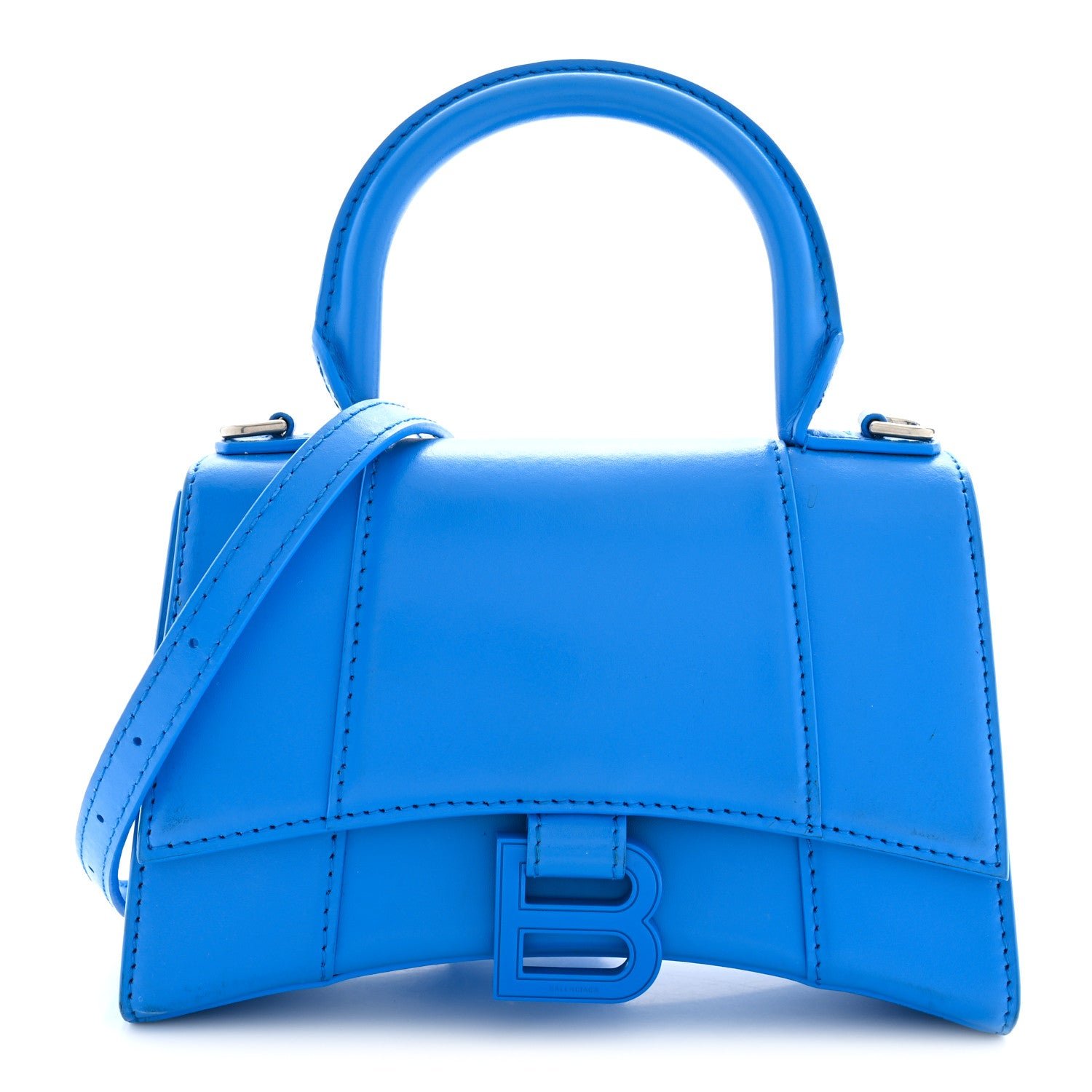 Balenciaga Shiny Box Calfskin Tonal B Hourglass Top Handle Bag XS Screen Blue