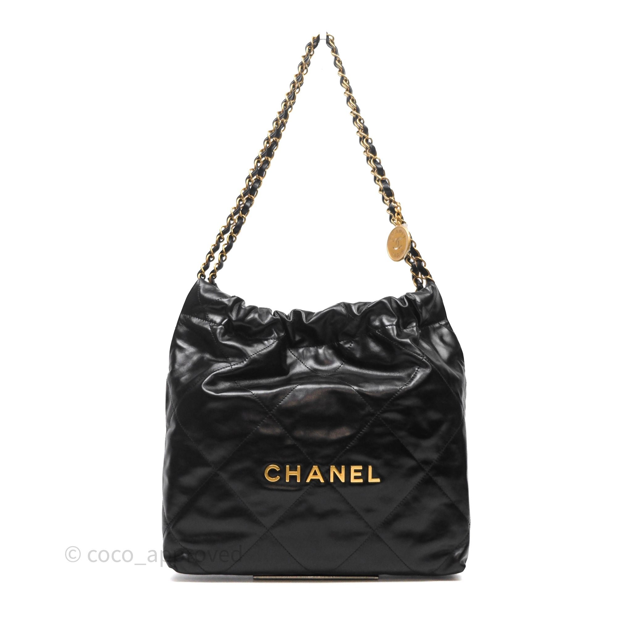 Chanel 22 Bag Small Black Shiny Crumpled Calfskin Aged Gold Hardware