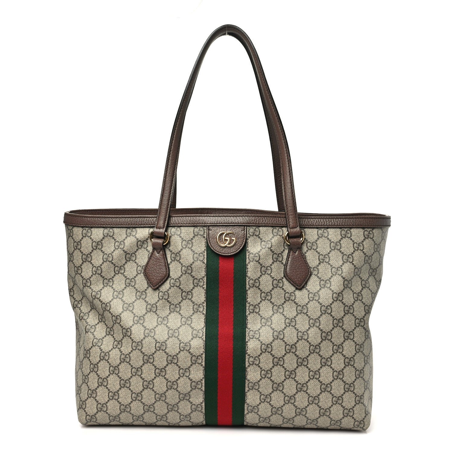 Gucci GG Supreme Monogram Textured Calfskin Web Medium Ophidia Shopping Tote Beige Ebony New Acero