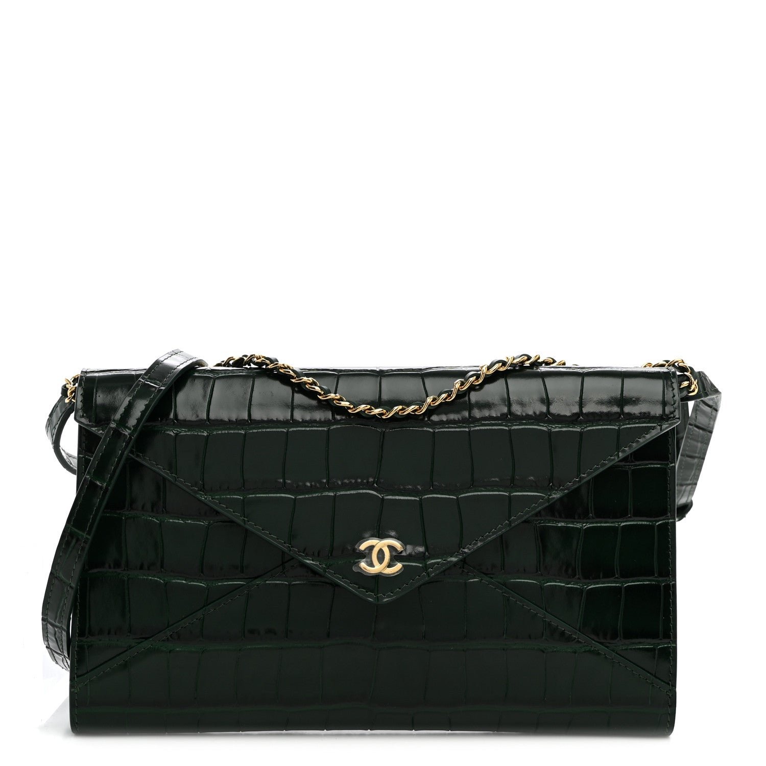 Chanel Calfskin Crocodile Embossed Envelope Clutch With Chain Emerald