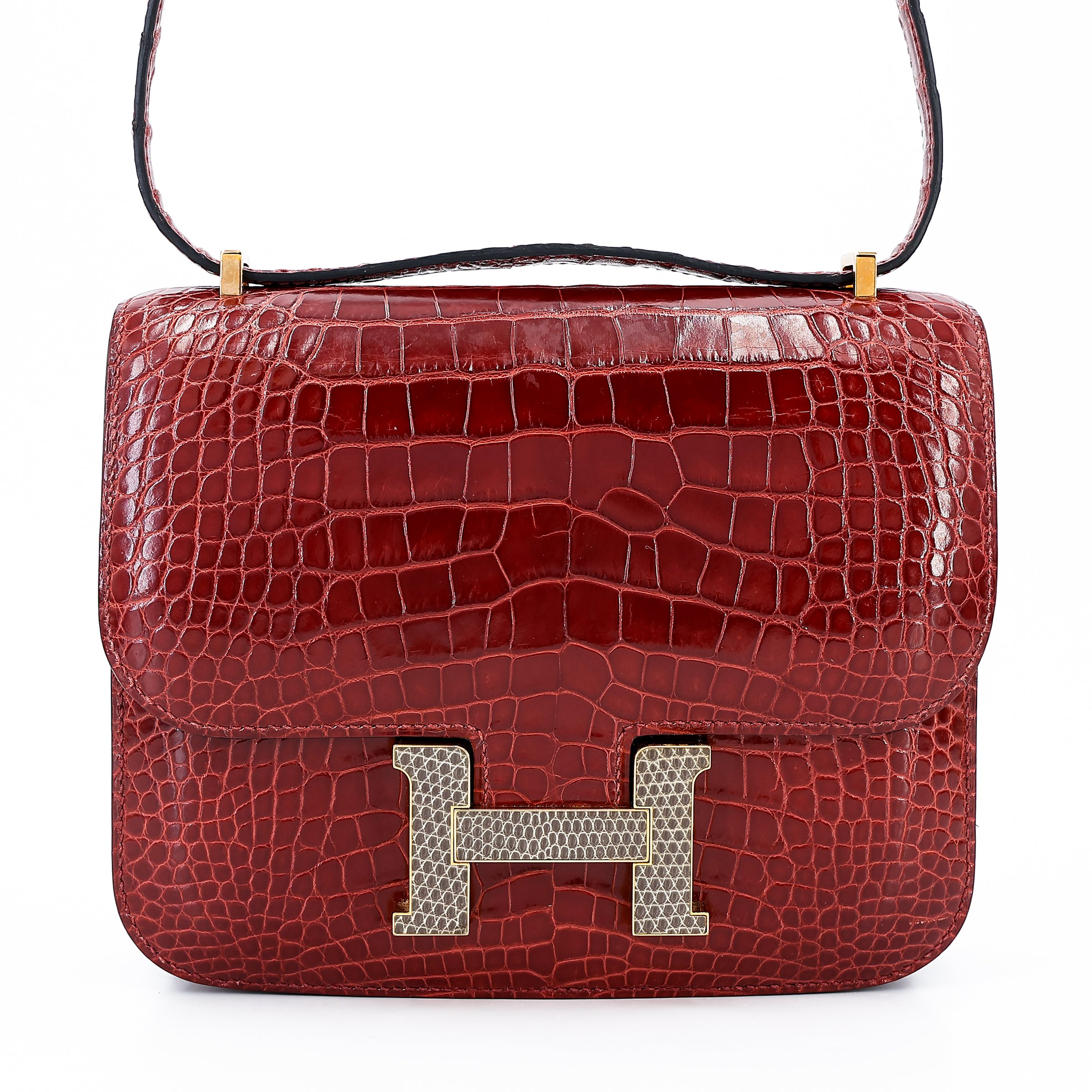 Good ( Rank AB) HERMÈS Constance Mini Bordeaux (57) Alligator Gold hardware T (2015)