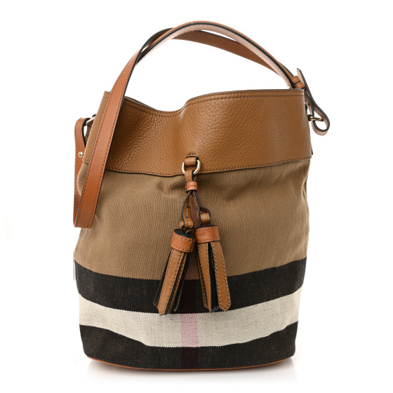 Burberry Grainy Calfskin Canvas Mega Check Medium Ashby Tassel Hobo Saddle Brown