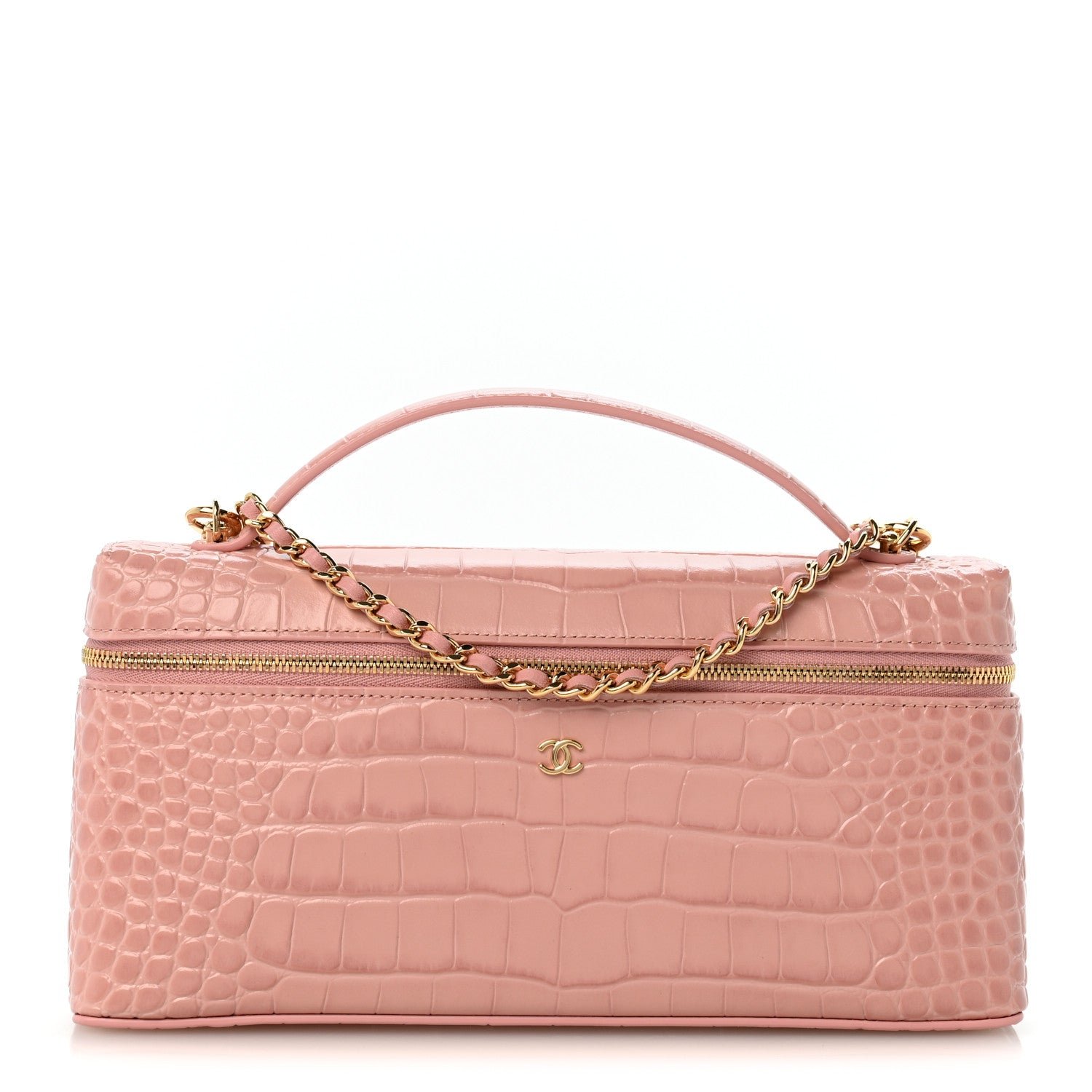 Chanel Calfskin Crocodile Embossed Crococo Top Handle East West Vanity Case With Chain Pink