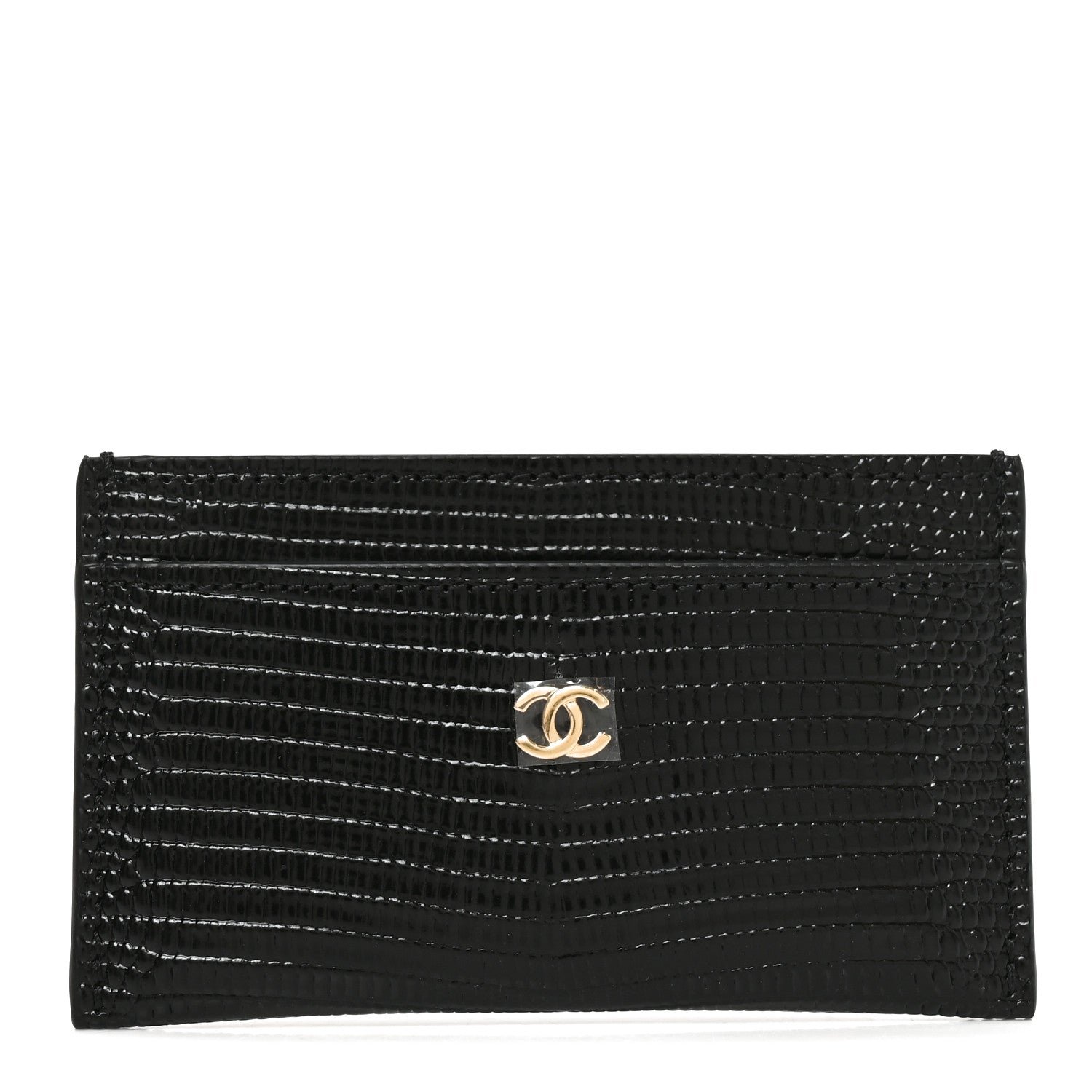 Chanel Calfskin Lizard Embossed Card Holder Gold Black