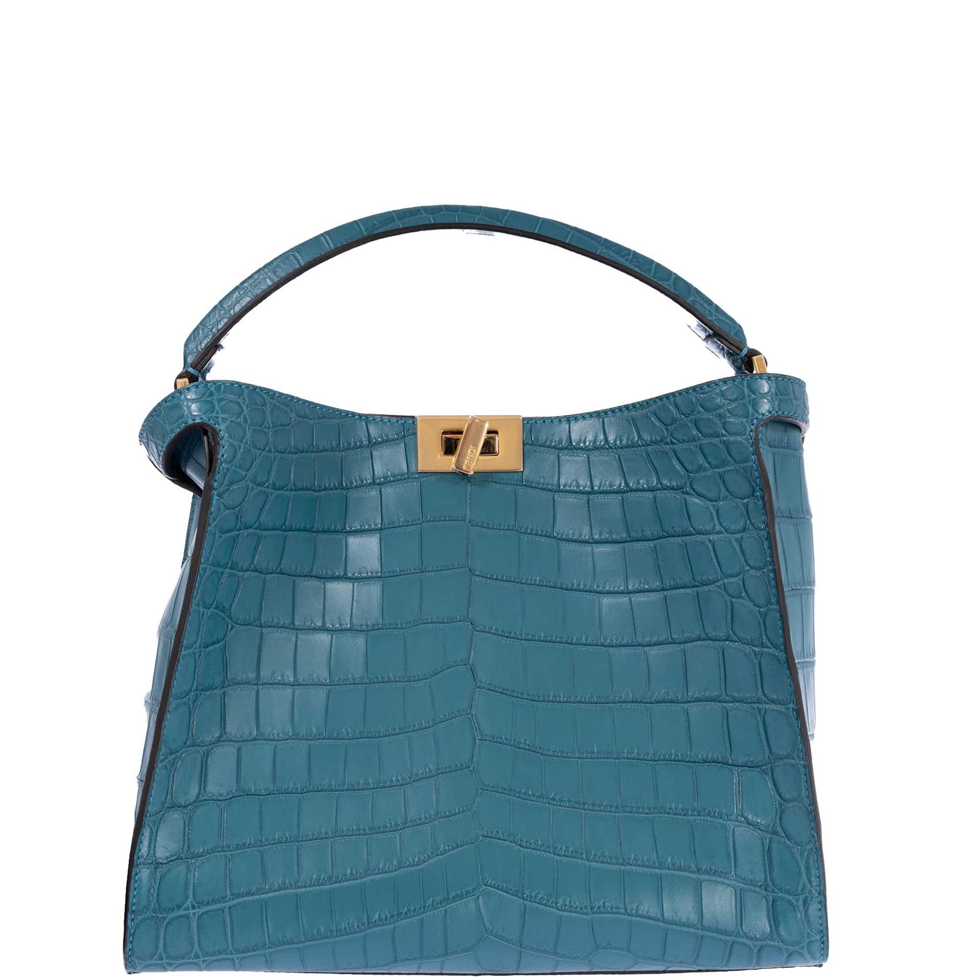 Fendi Fendi Peekaboo X-Lite Large Soft Matte Turquoise Crocodile Gold Hardware