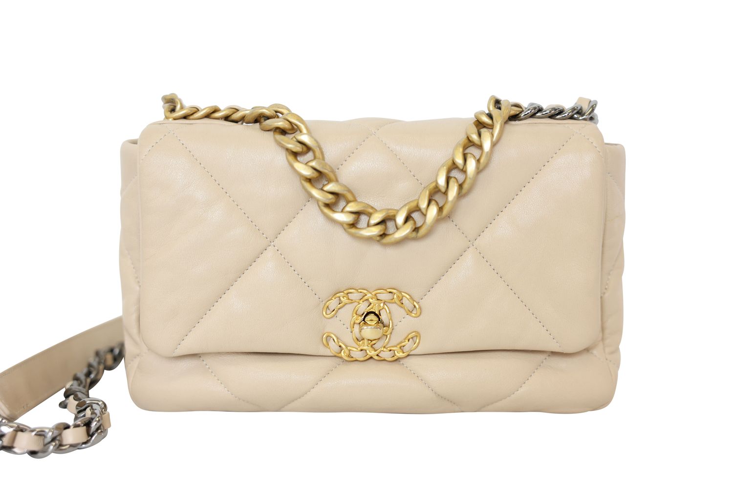 Chanel 19 Medium, Beige Goatskin with Mixed Hardware, Preowned in Box WA001