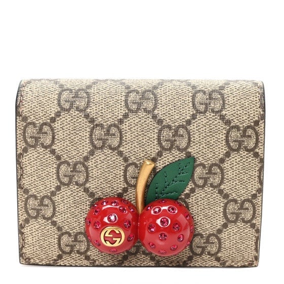 Gucci GG Supreme Monogram Cherry Embellished Card Case Wallet Hibiscus Red