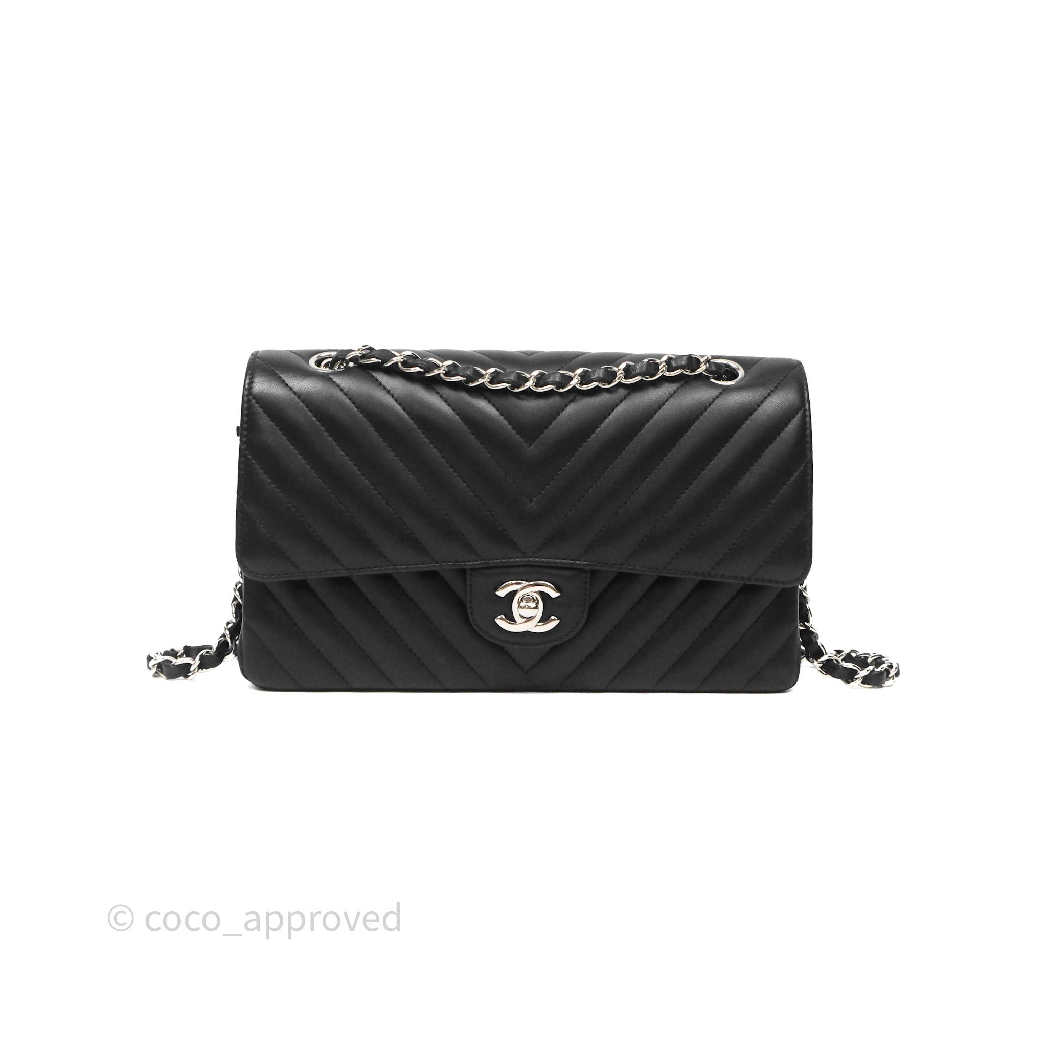 Chanel Classic M/L Medium Flap Chevron Black Lambskin Silver Hardware