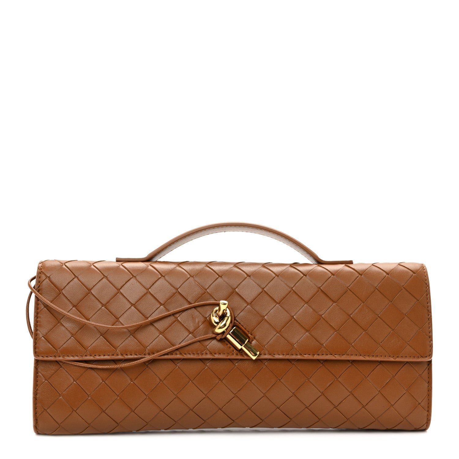 Bottega Veneta Nappa Intrecciato Long Andiamo Top Handle Clutch Cognac