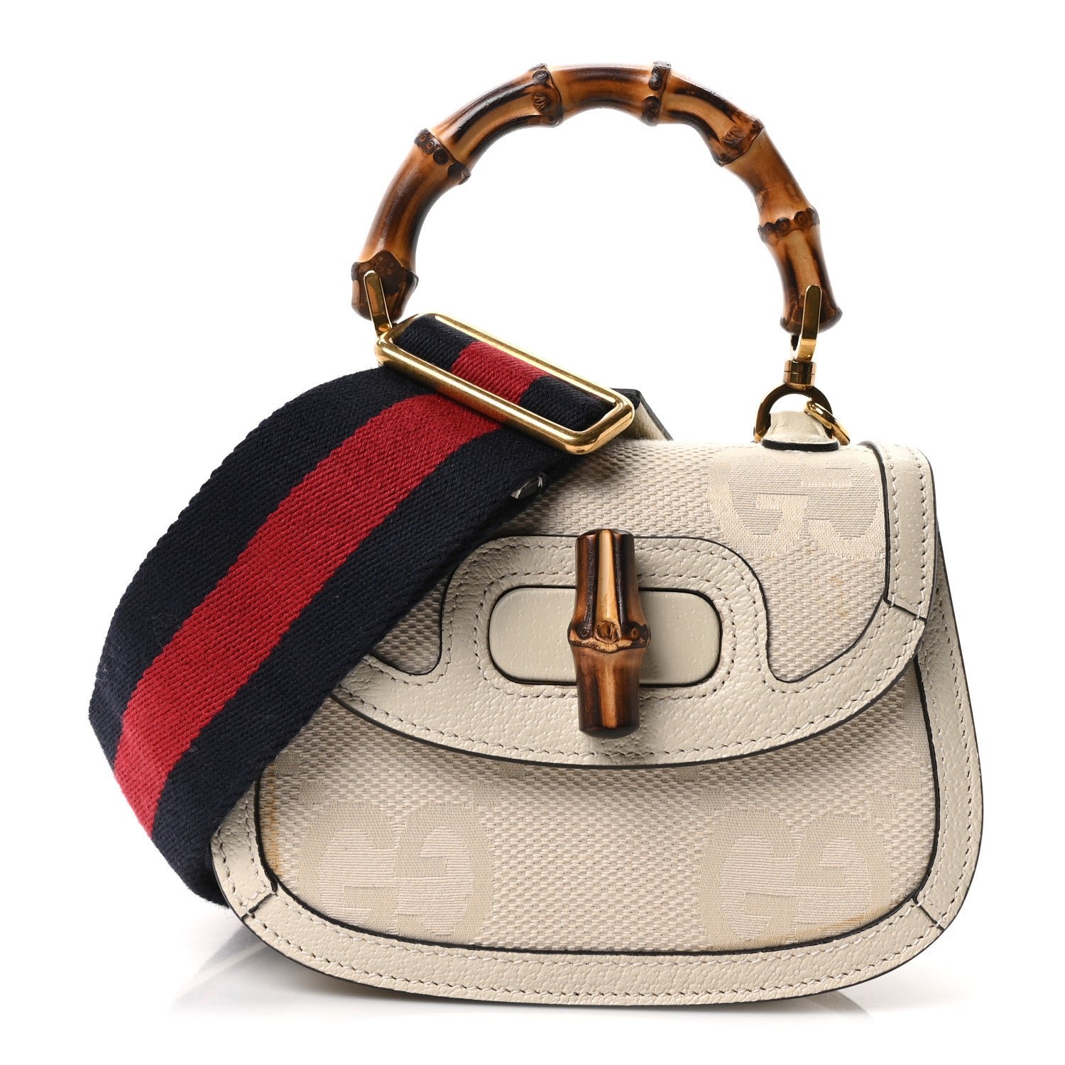 Gucci Monogram Jumbo GG Textured Dollar Calfskin Web Small Bamboo 1947 Top Handle Bag Off White